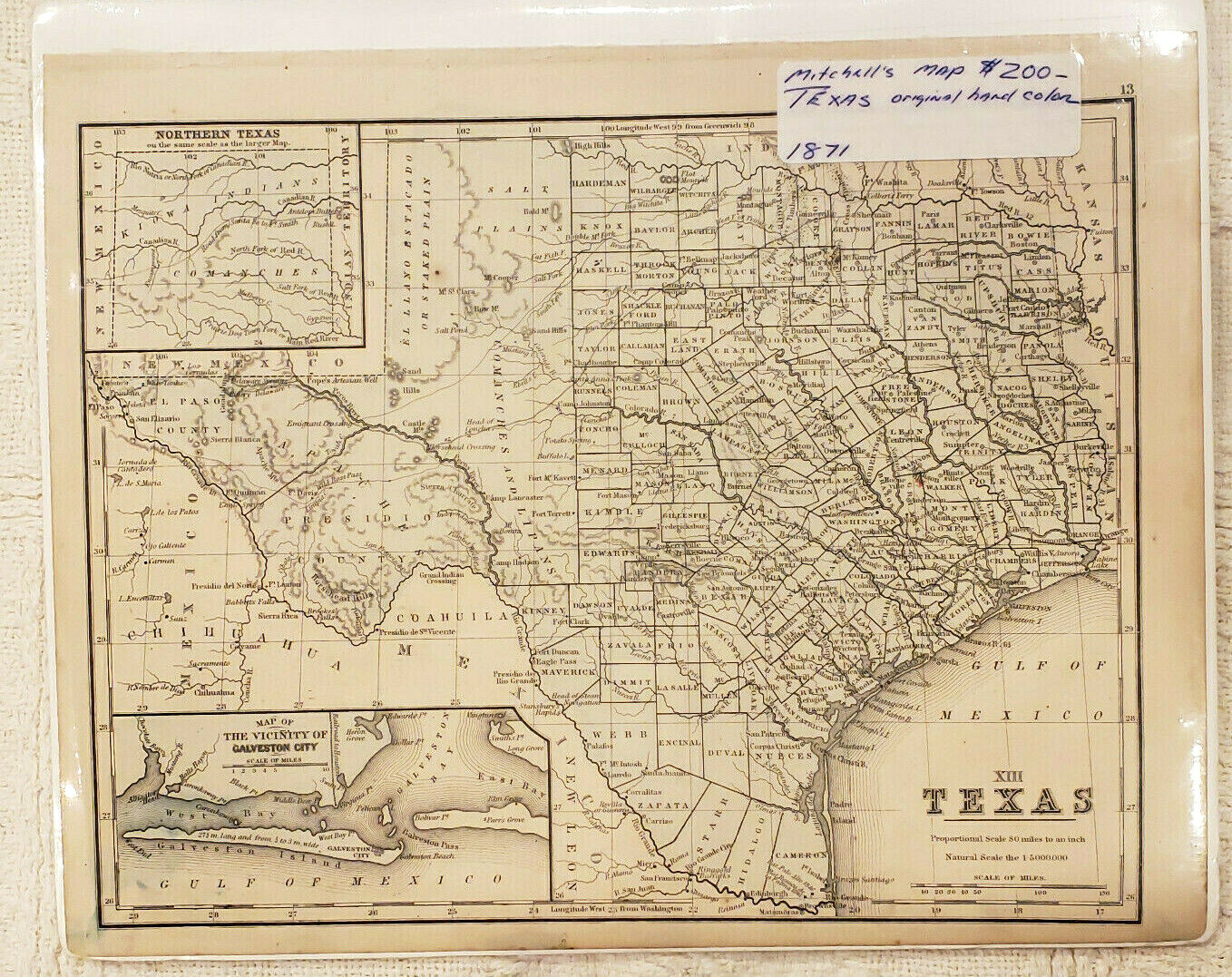 Antique Mitchell’s Map of Texas Original Hand Color 1871