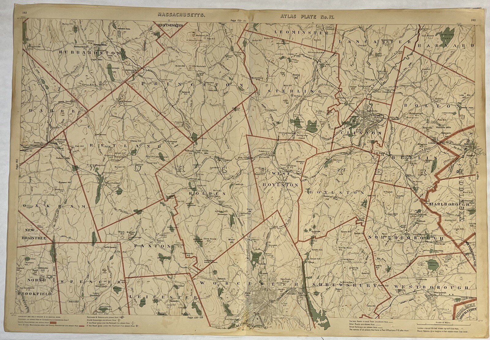 Original 1891 Map,Worcester,Shrewsbury,Northborough,Boylston,Westborough,Mass MA