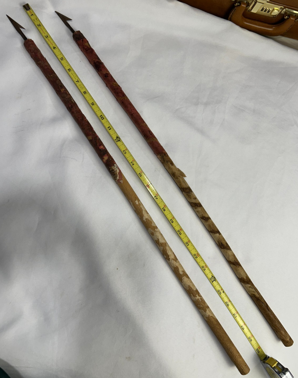 Antique Primitive Hand Forged Single Barb Fish Spear Harpoon Dart Pair 30″ Wood