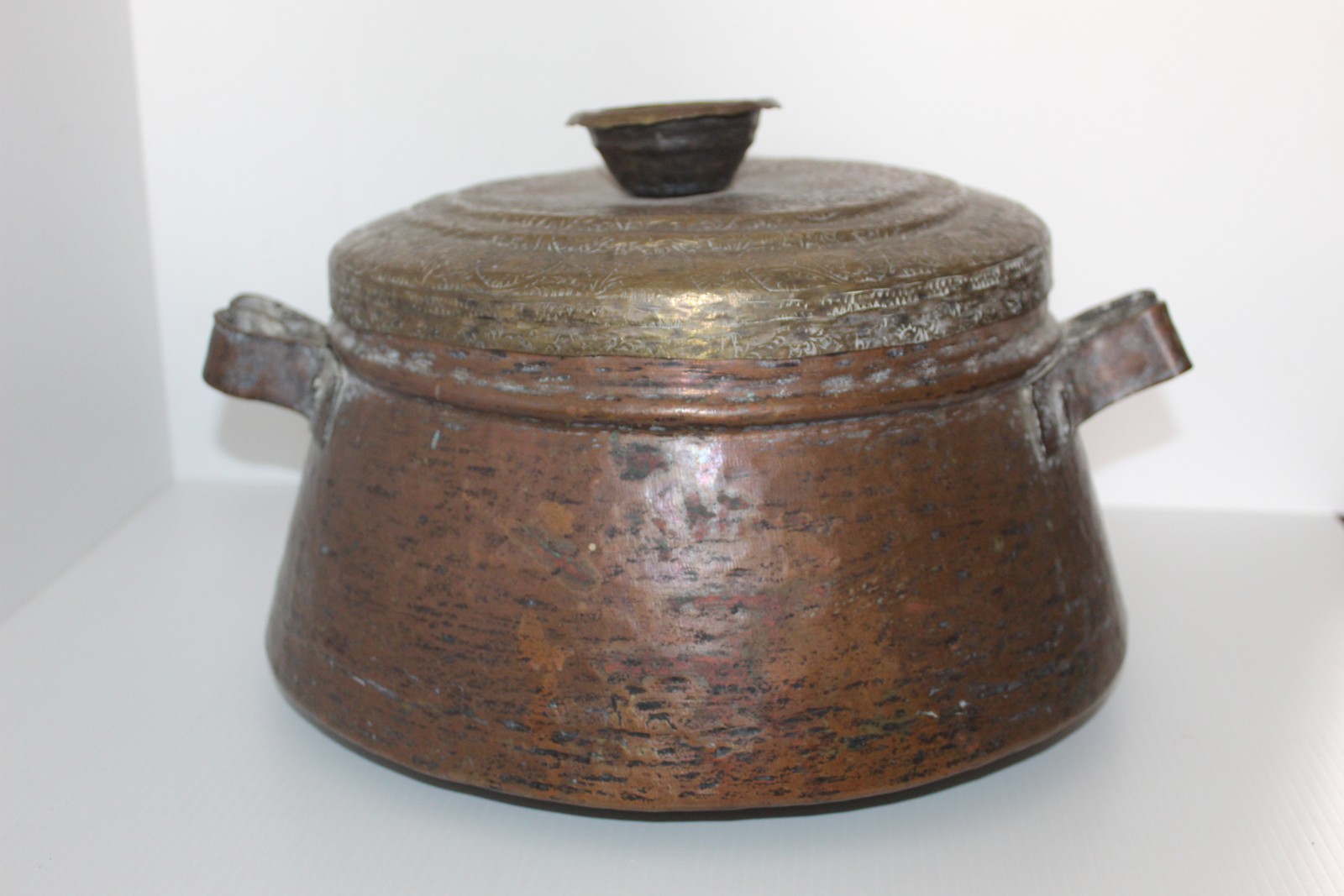 Hand Hammered Copper Pot with Engraved Brass Lid Middle Eastern Islamic