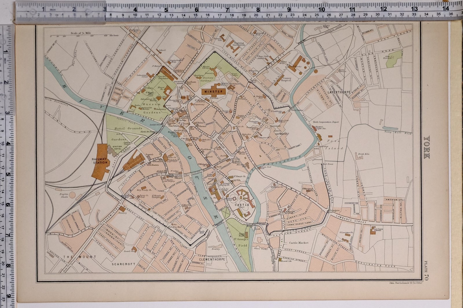 1897 VICTORIAN ANTIQUE MAP YORK PLAN CASTLE MINSTER RAILWAY STATION GAS WORKS