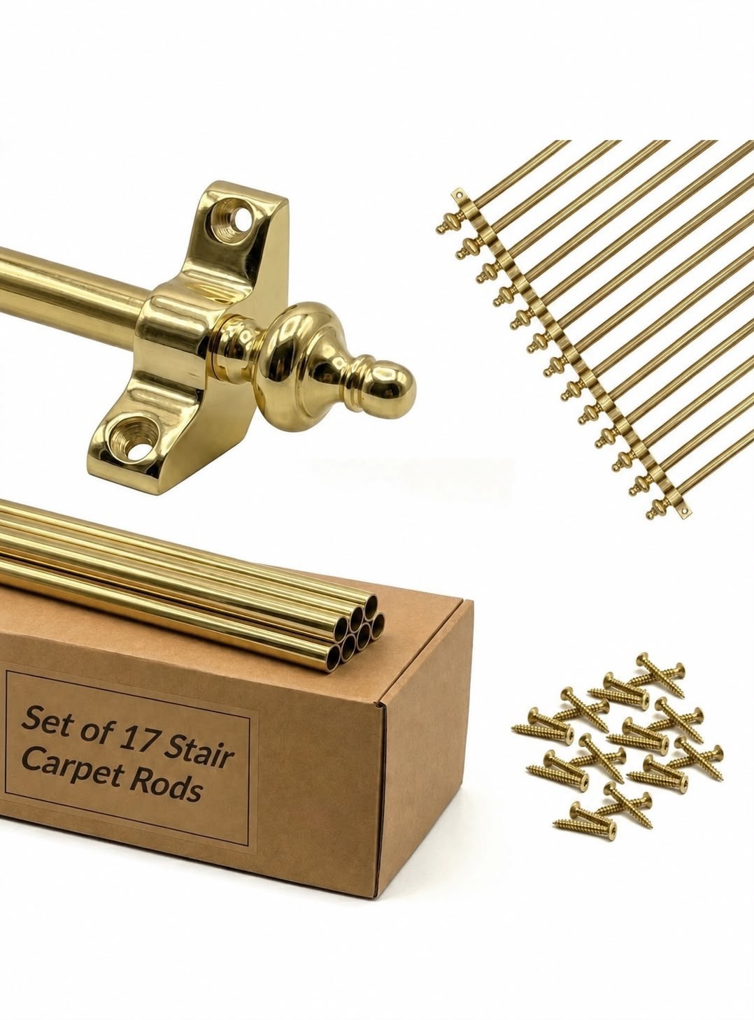 Set of 17 | Stair Carpet Rods | Urn Finial – Polished Brass | Runners Up To 70cm