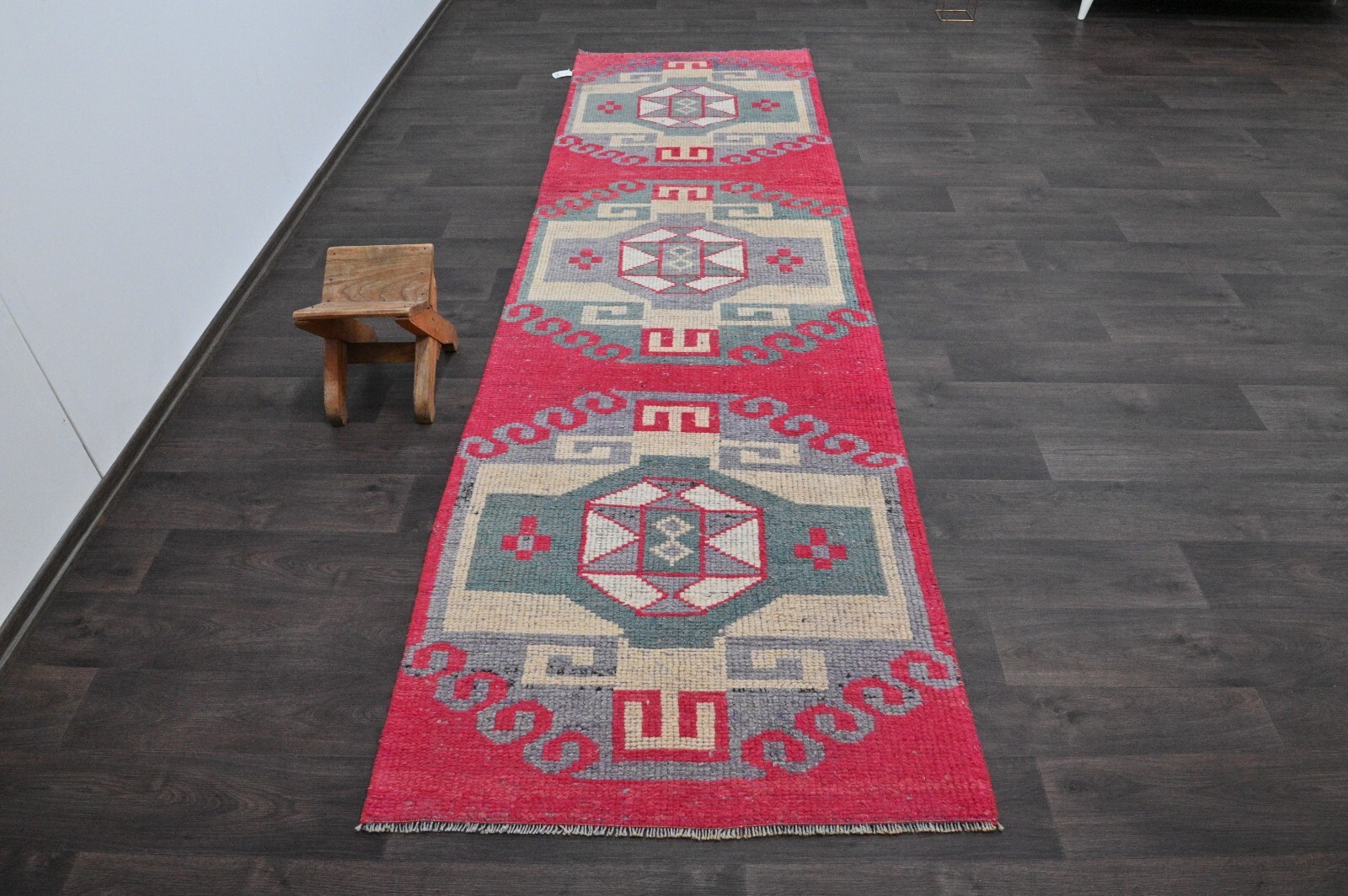 Vintage Turkish Runner Rug 3x11ft Wool Anatolian Handmade Hallway Oushak PINK