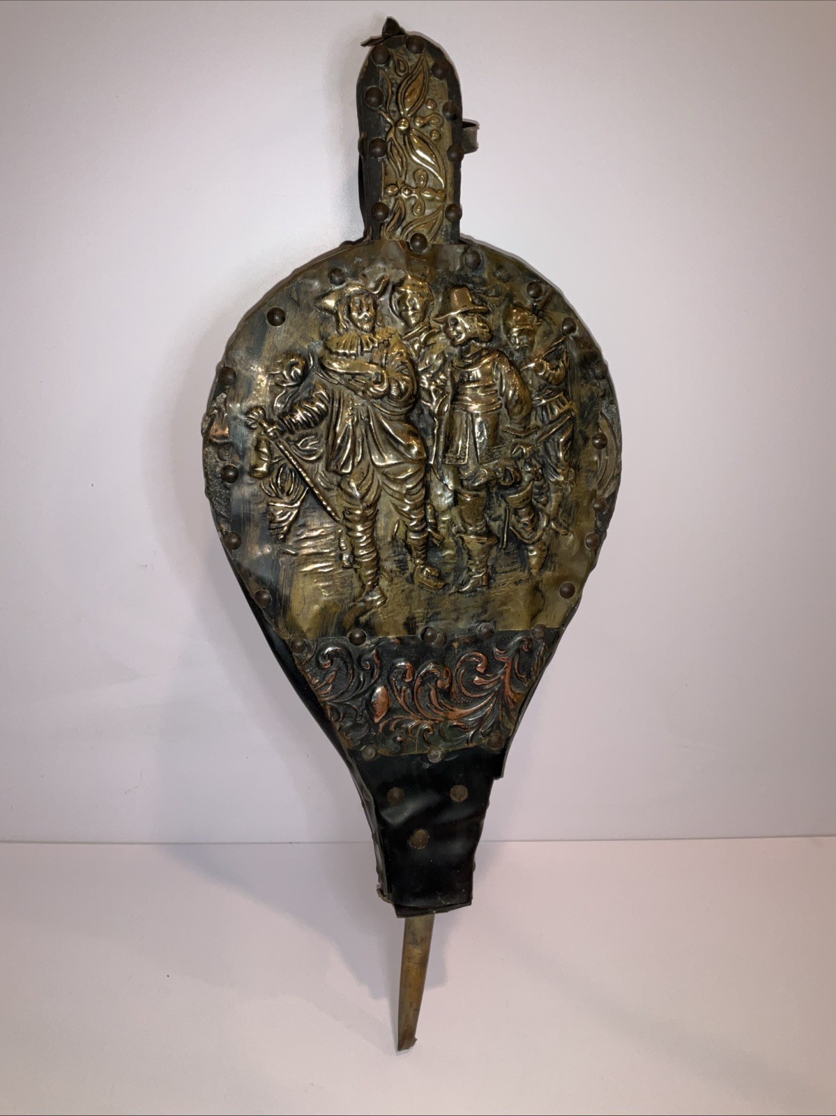 Antique Victorian Fireplace Bellows Embossed Brass Renaissance Scene