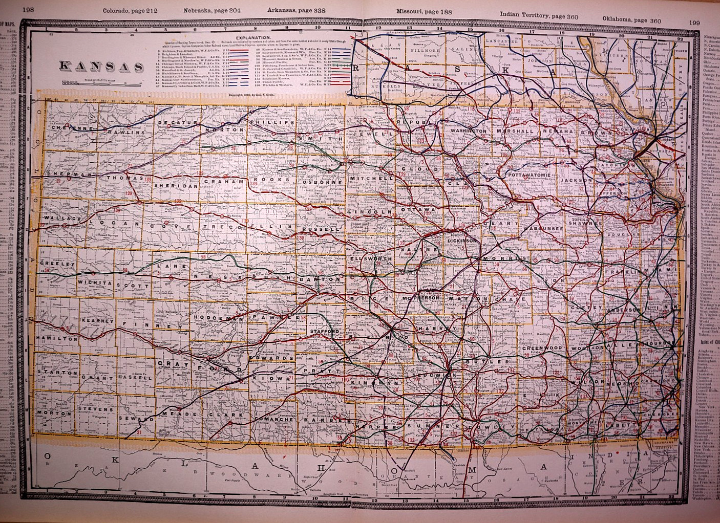 Antique 1899 Railroad Map ~ Kansas by Geo. F. Cram – Large Format 17×25
