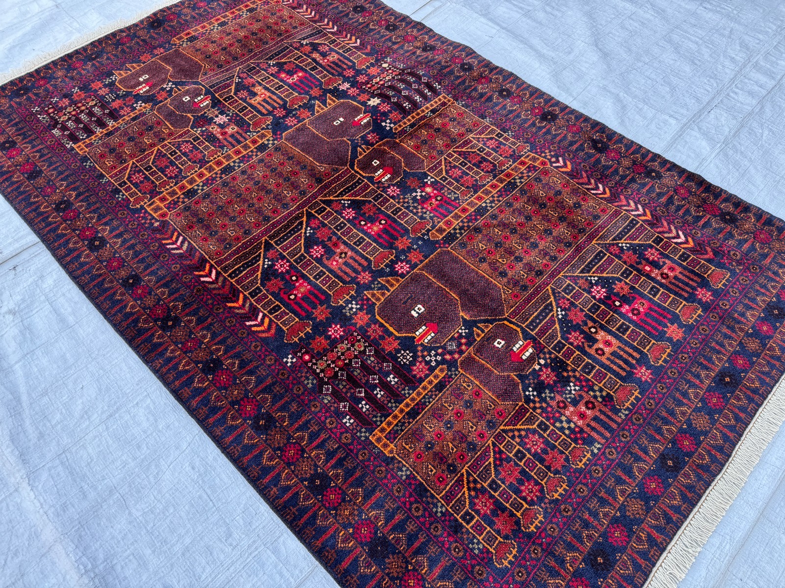 Hand Knotted Afghan Baluchi Pictorial Rug 4×7 ft Blue Vintage Animal Lion Carpet