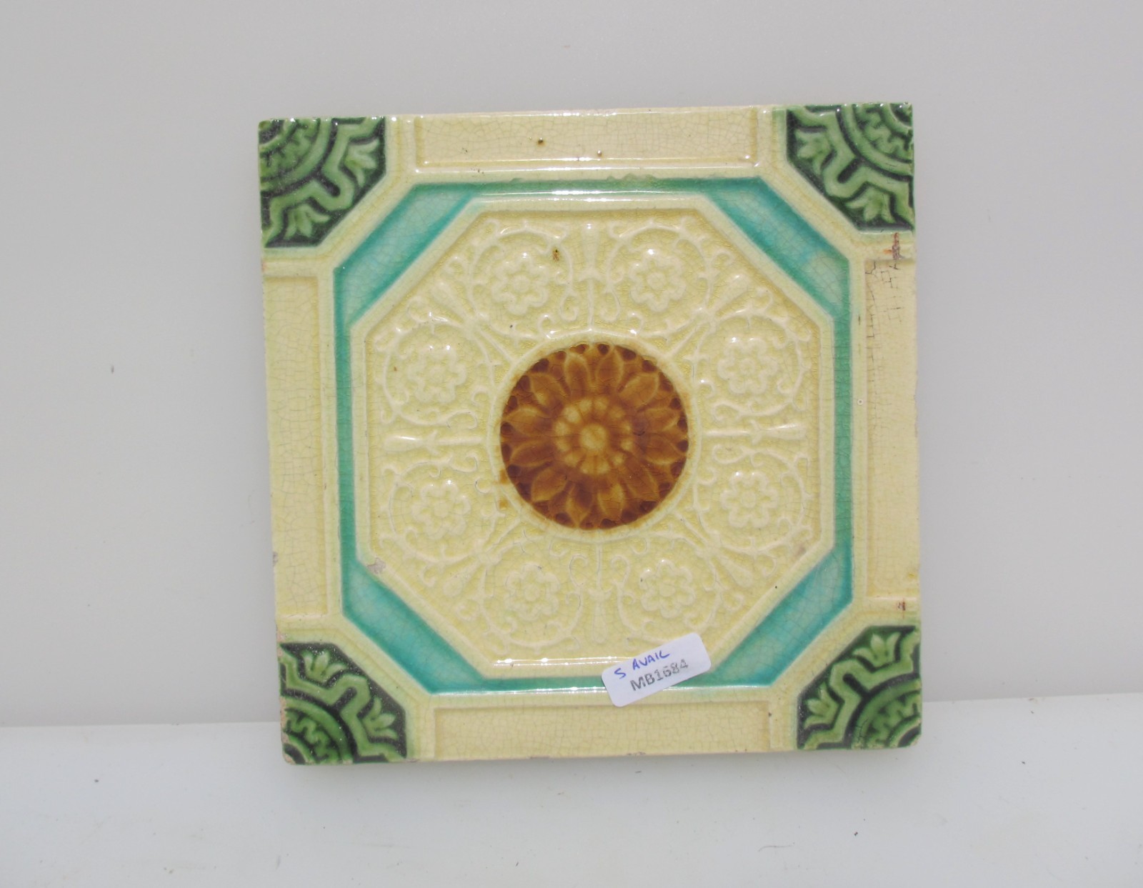Antique Ceramic Tile Old Floral Flowers Victorian Art Nouveau Vintage