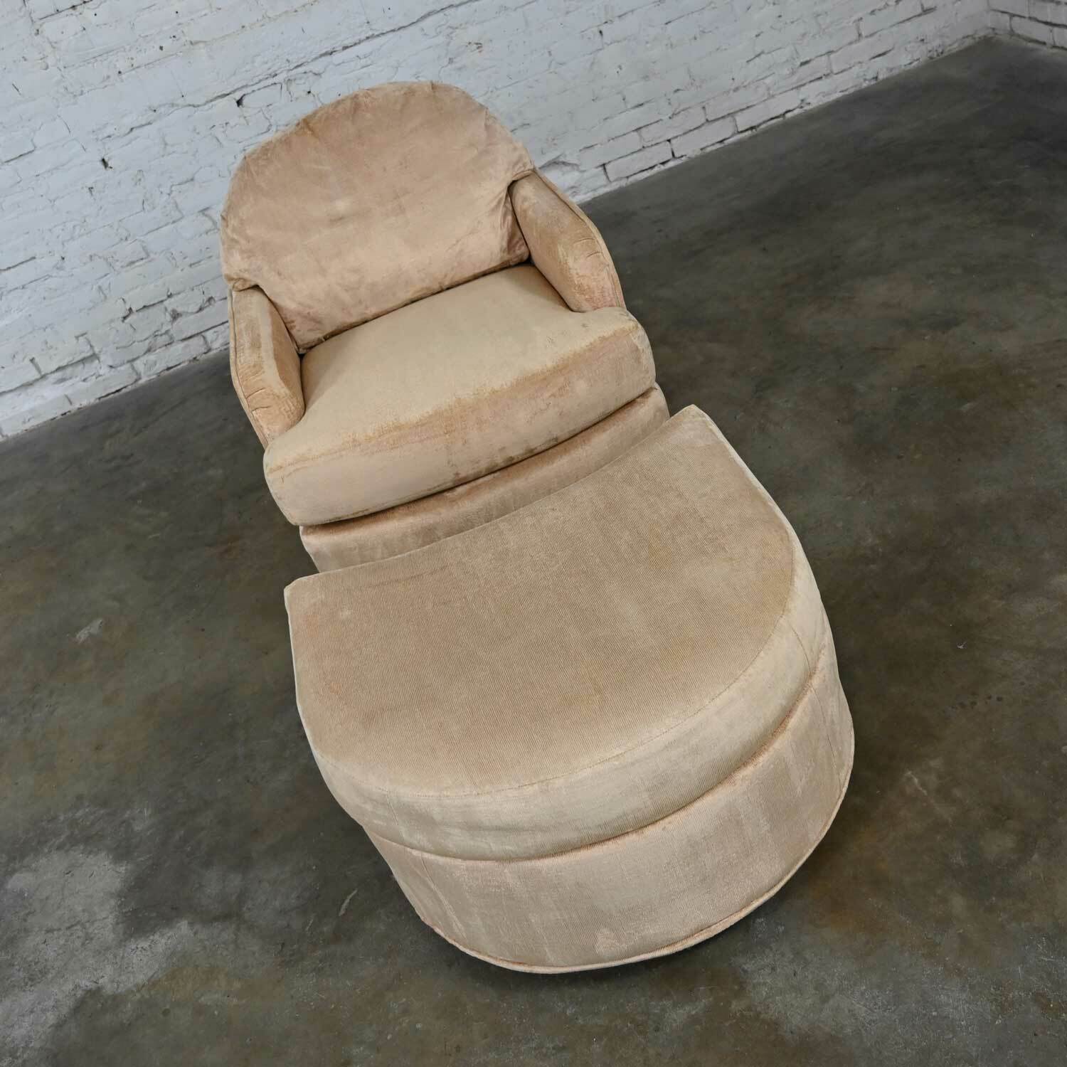 Vintage Modern Drexel Club Chair & Ottoman with Casters Original Tan Chenille