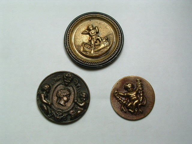 3) Victorian Cupid Cherub Brass Antique Picture Button Lot of 3