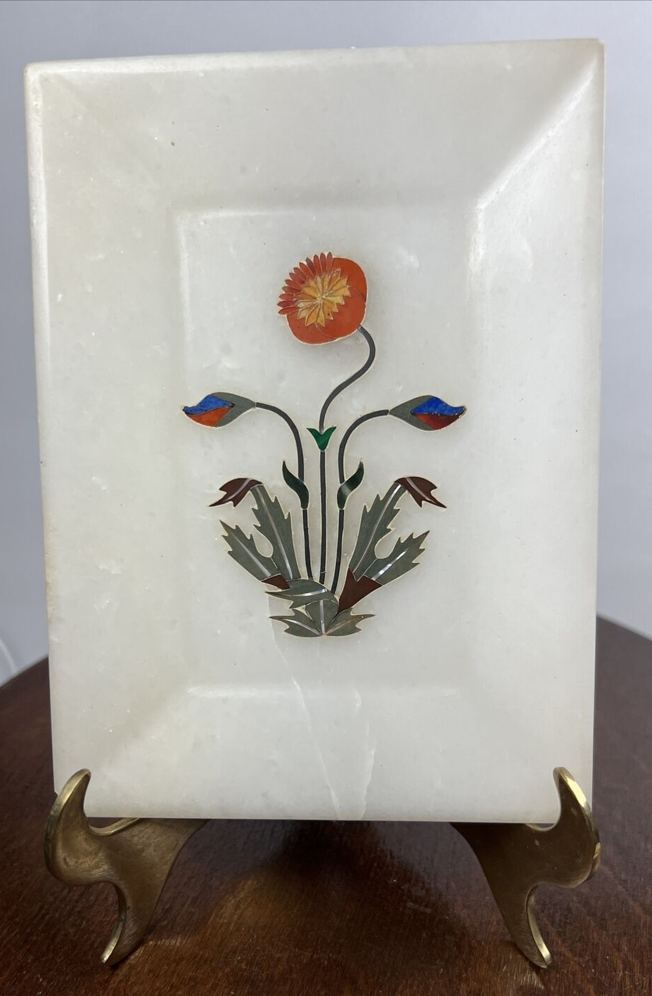 Vintage Pietra Dura Poppy Marble Mosaic Inlay Tray Rectangle Agra India Chipped