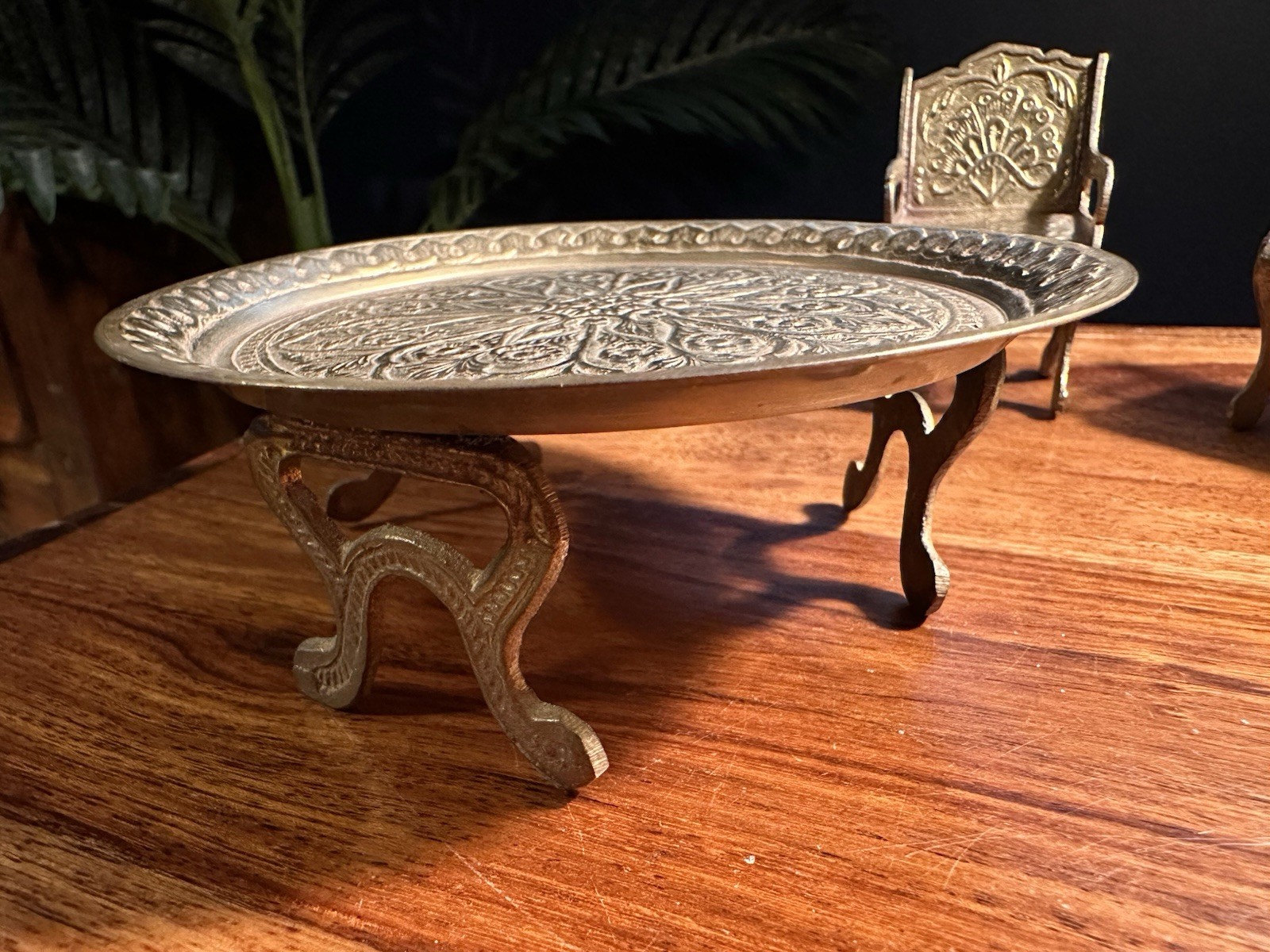 Vintage Brass Miniature Middle Eastern Coffee Table Set With Chairs & Goblets