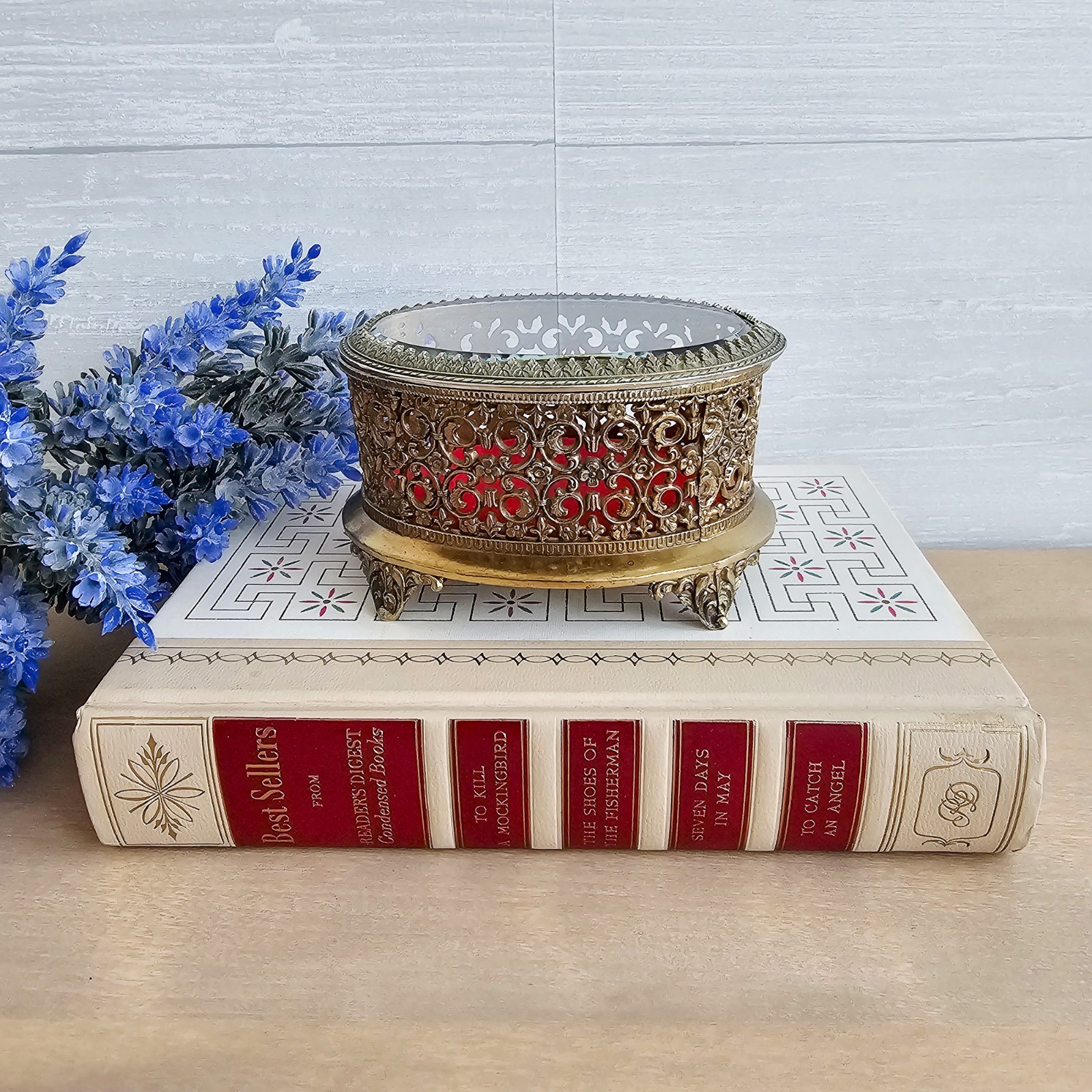 Vtg Ornate Brass Filigree Jewelry Casket Box Glass Lid Red Velvet Lined Japan