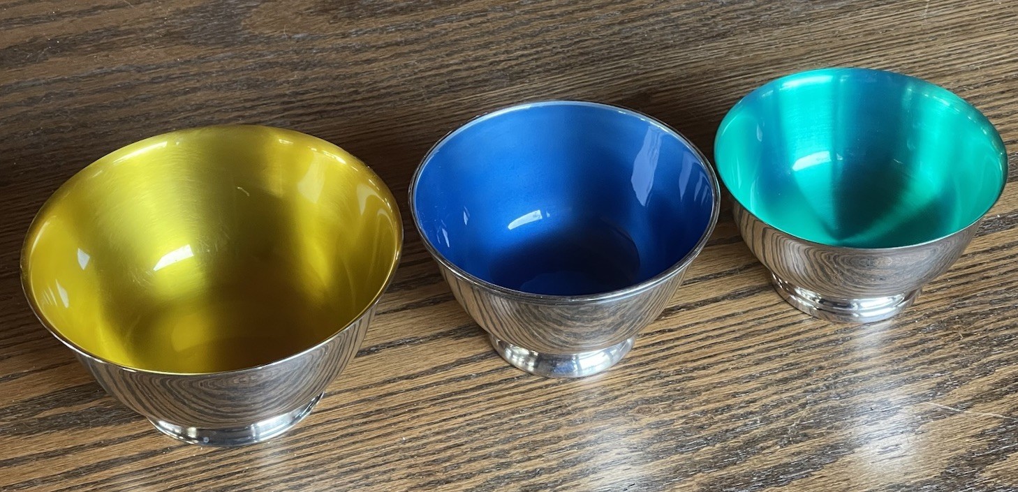 Lot of 3 Vintage Paul Revere Reproduction Silverplate Bowls Colored Enamel MCM