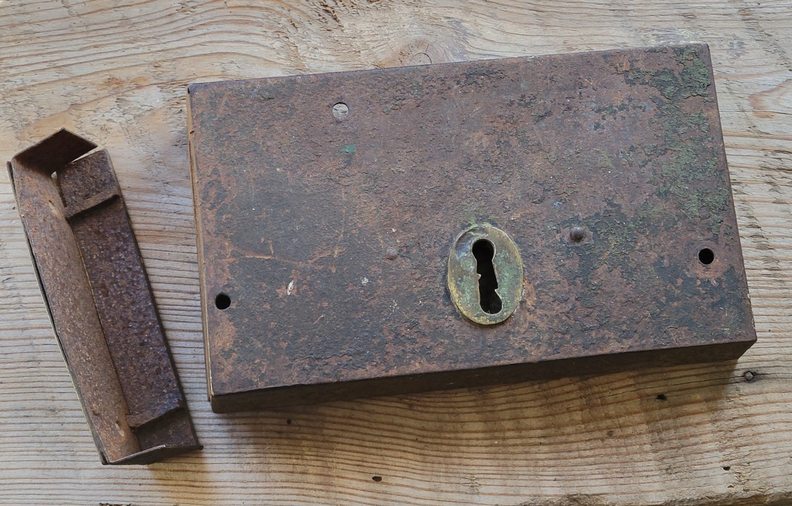 Early 1800’s Wrought Iron Rim Dead Bolt with Keeper, No Key, Left Hand Door Lock