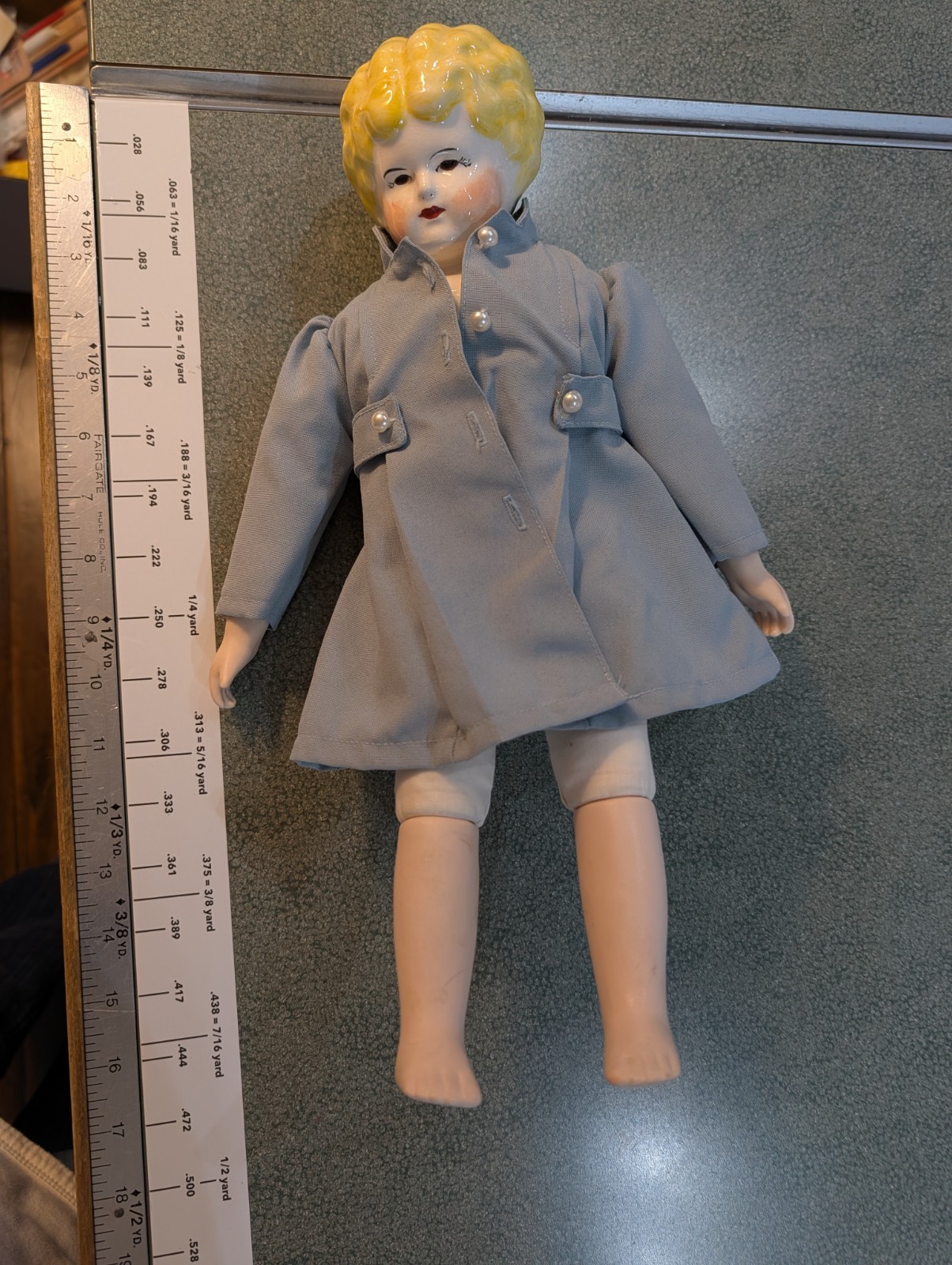 Vintage 16″ China Head Doll Artist Signed Speas Curly Top Blonde Hair Blue Coat