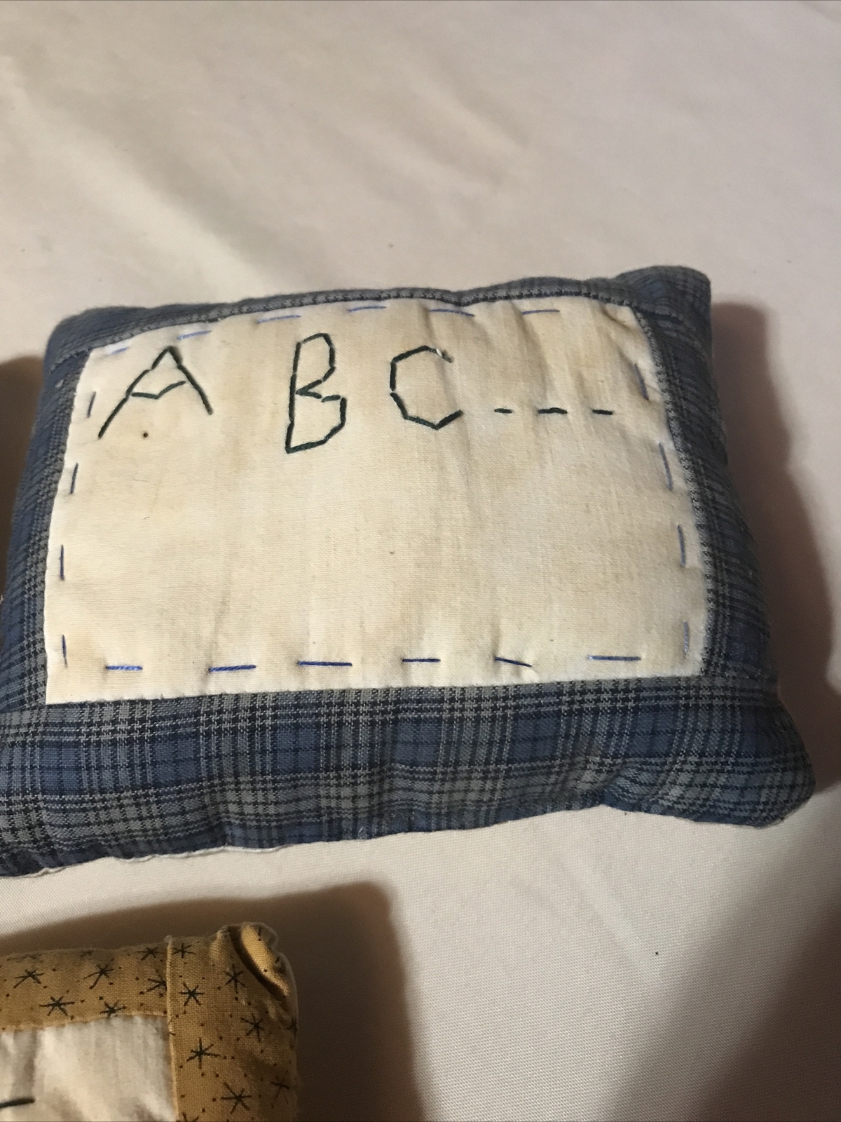 Primitive tiny Sampler Pillow Handmade Folk Art Tea Stained VTG Pillow Lot Of 3