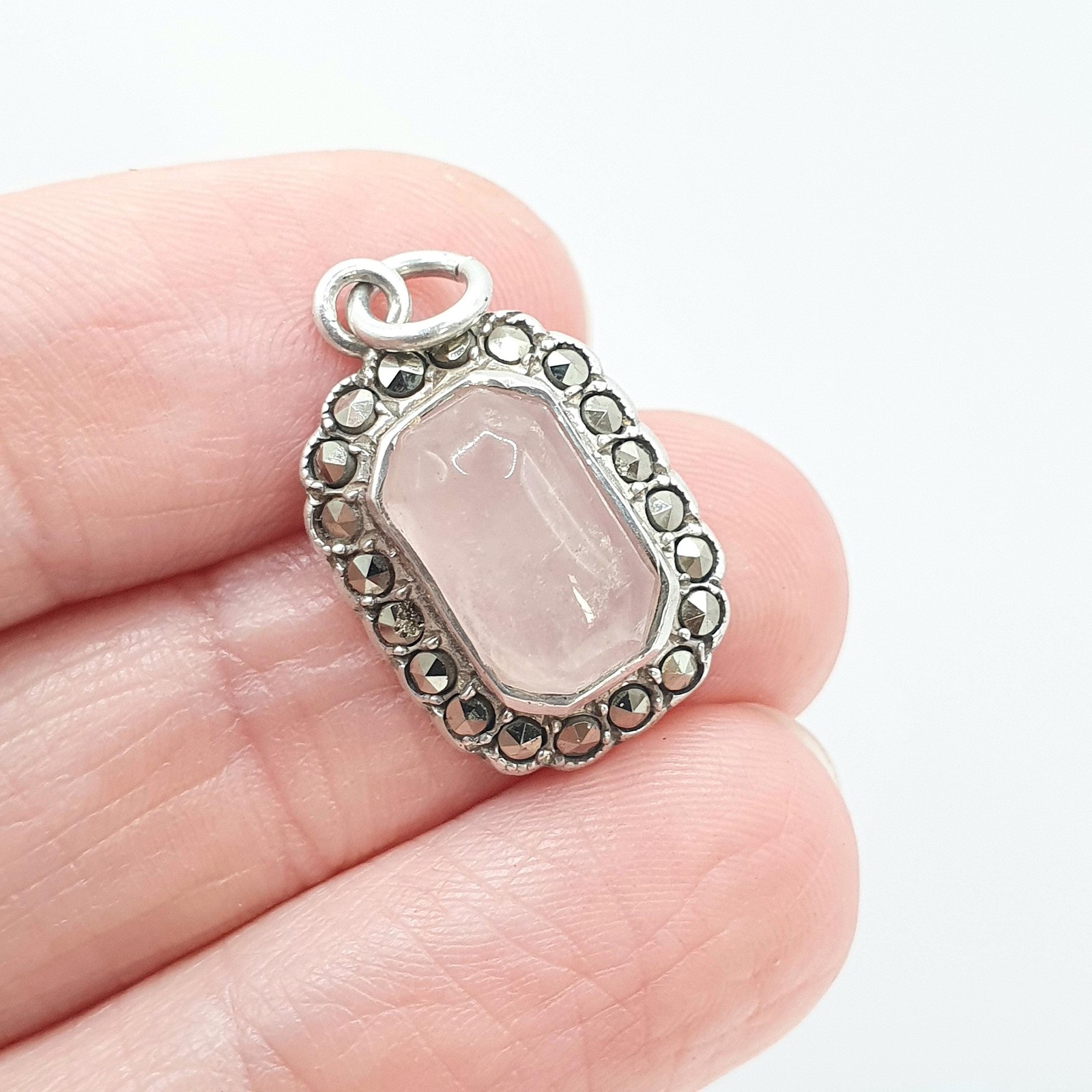 Antique Art Deco Solid Silver Rose Quartz Pendant Marcasite Halo Rectangular