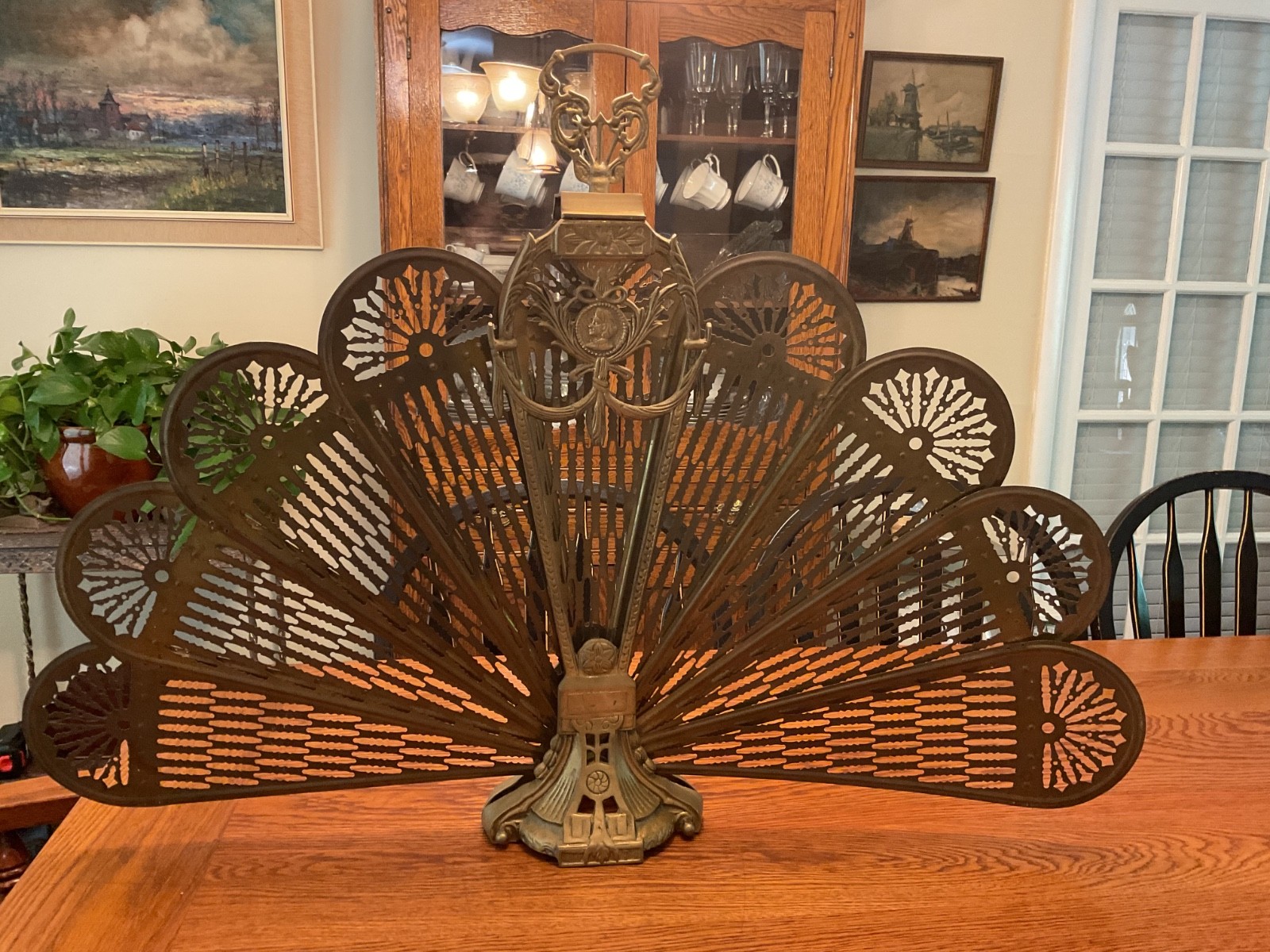 VTG MCM Victorian Deco Brass Fireplace Fan Peacock w/Cameo Folding Screen