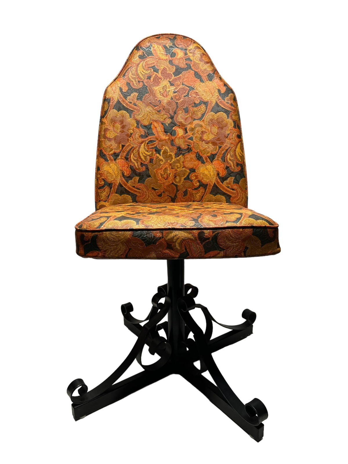 Vtg MCM Cal-Style Orange Floral Vinyl Chair 1970s Bucket Style Scroll Base 1979