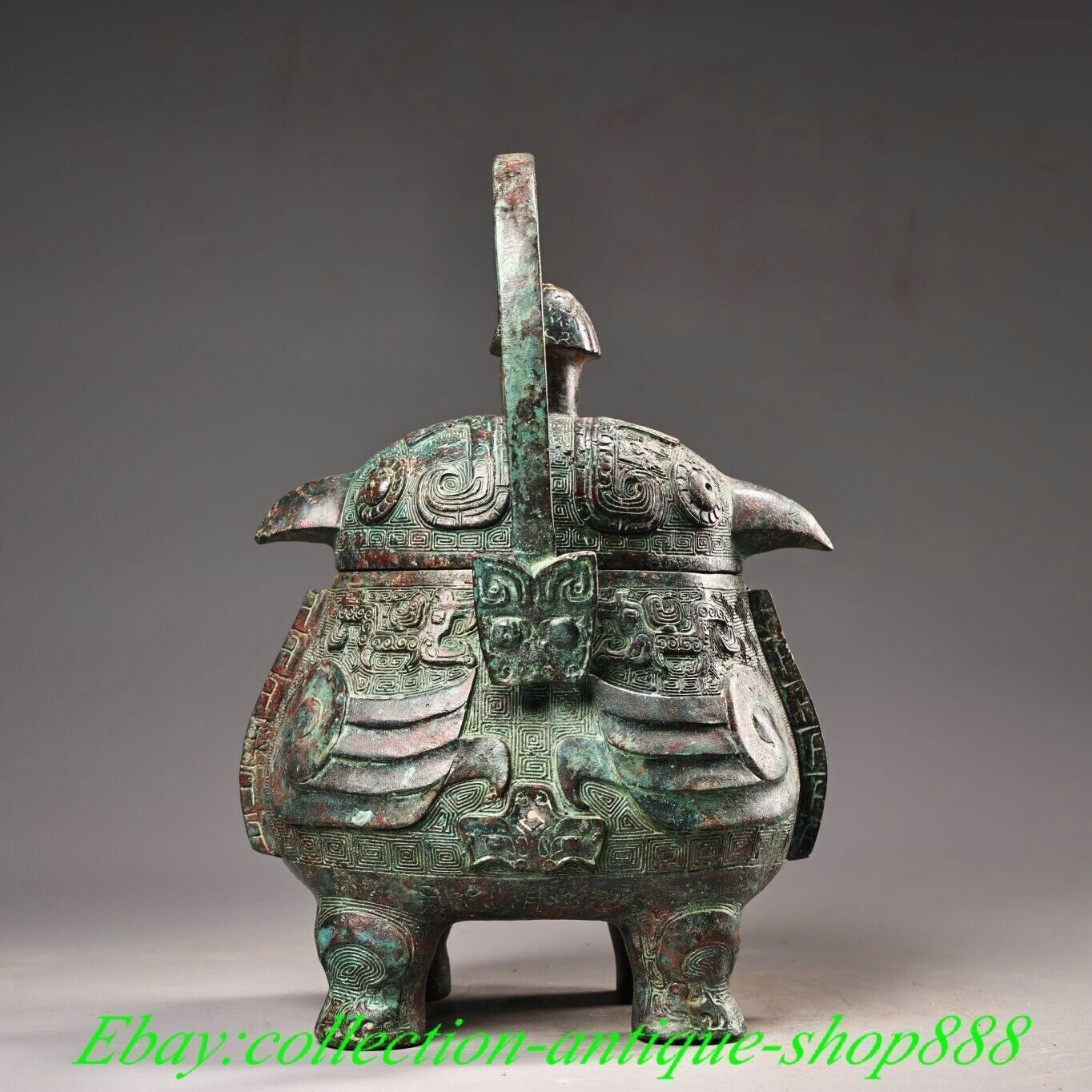 9″ Old China Shang Dynasty Bronze Ware Owl Bird Face Vessel Portable Bottle Pot