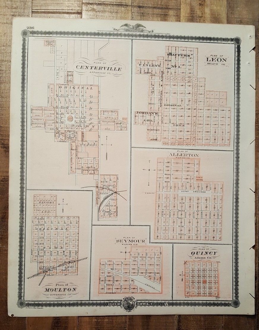 NICE MAP – PLAN OF CENTERVILLE, LEON & ALLERTON – IOWA – Andreas Atlas Co. 1875