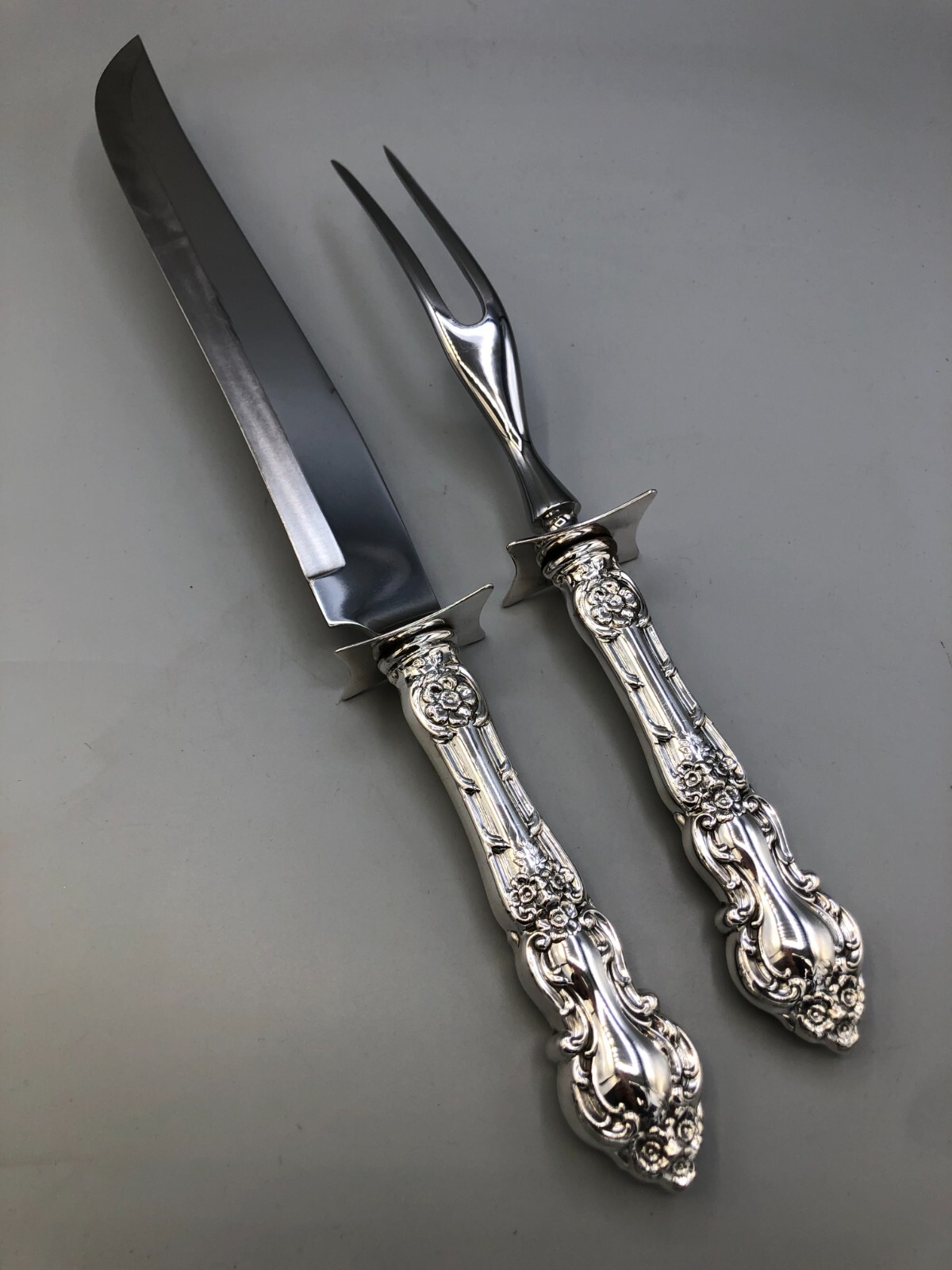 Meadow Rose by Wallace Sterling Silver large 2 piece Roast Carving Set, 13 5/8″