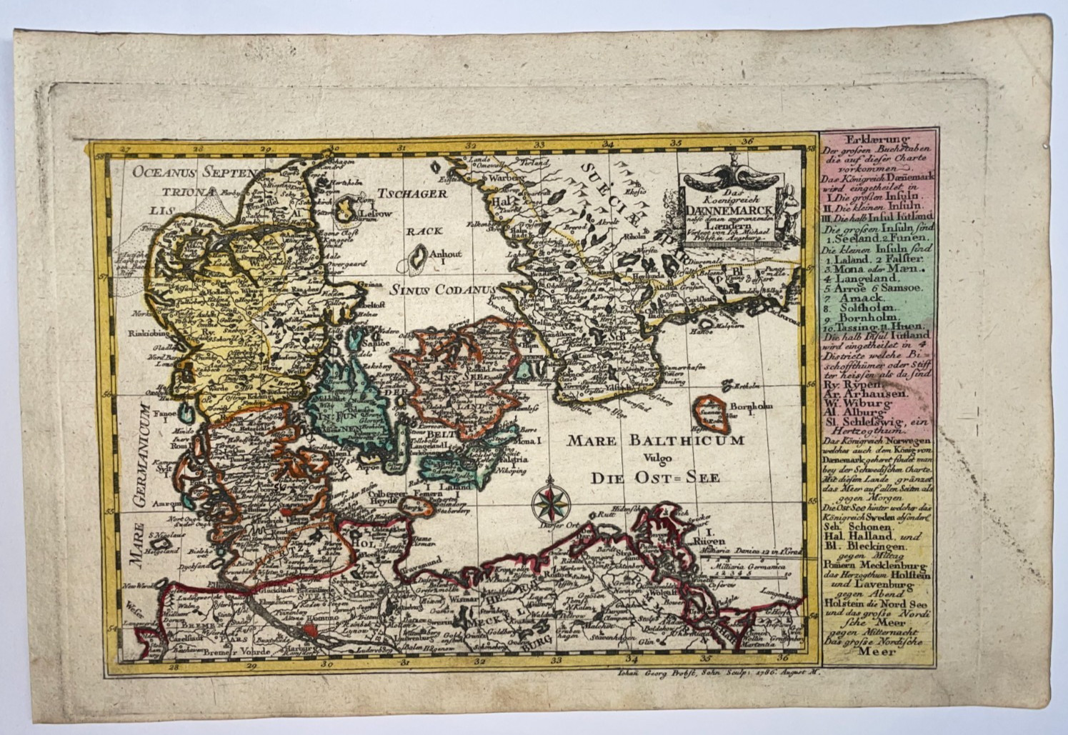 DENMARK DATED 1786 JOHANN MICHAEL PROBST ANTIQUE MAP 18TH CENTURY