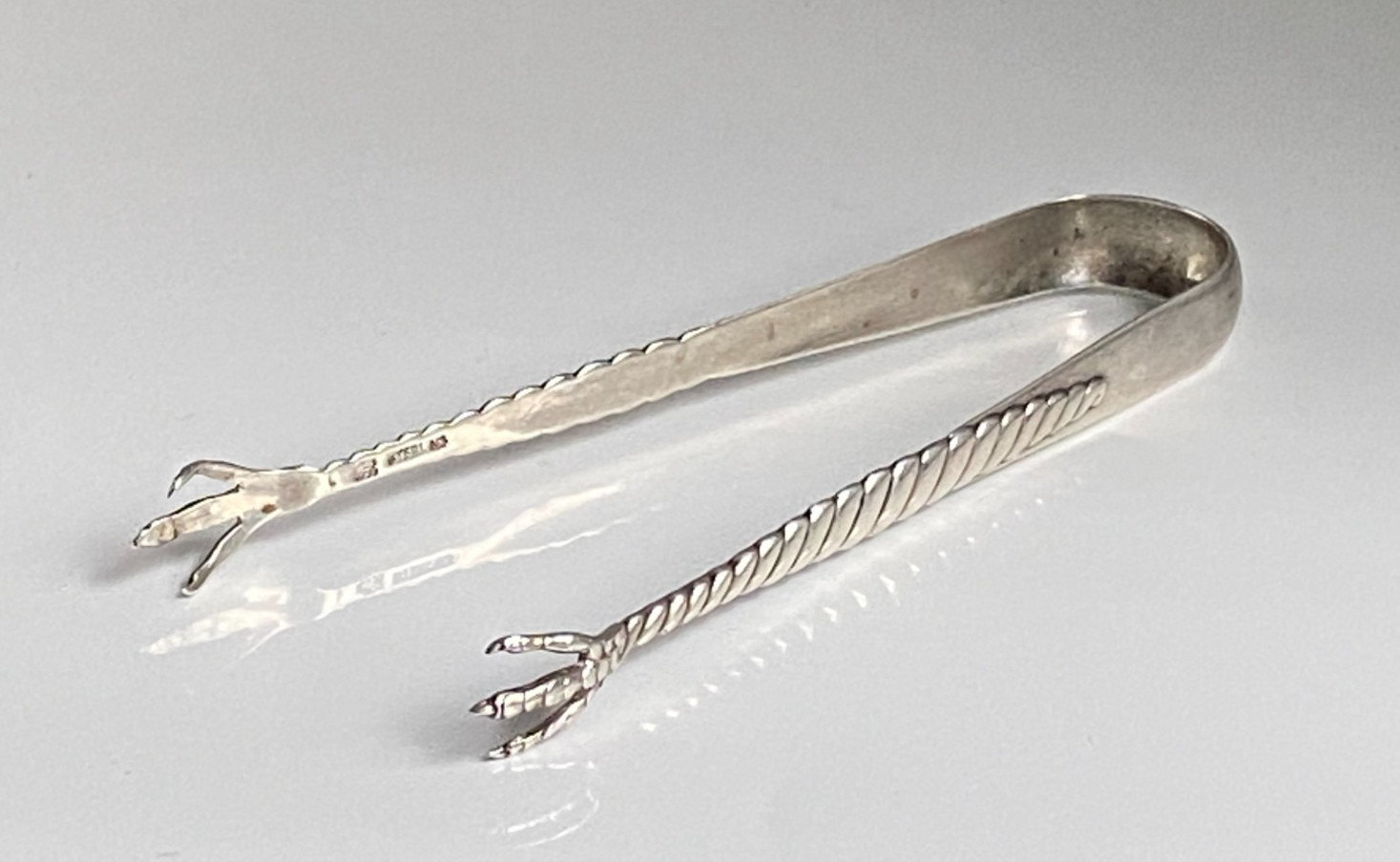 Antique c1880s Solid Silver Barley Twist Bird Claw Sugar Ice Tongs Initials JW