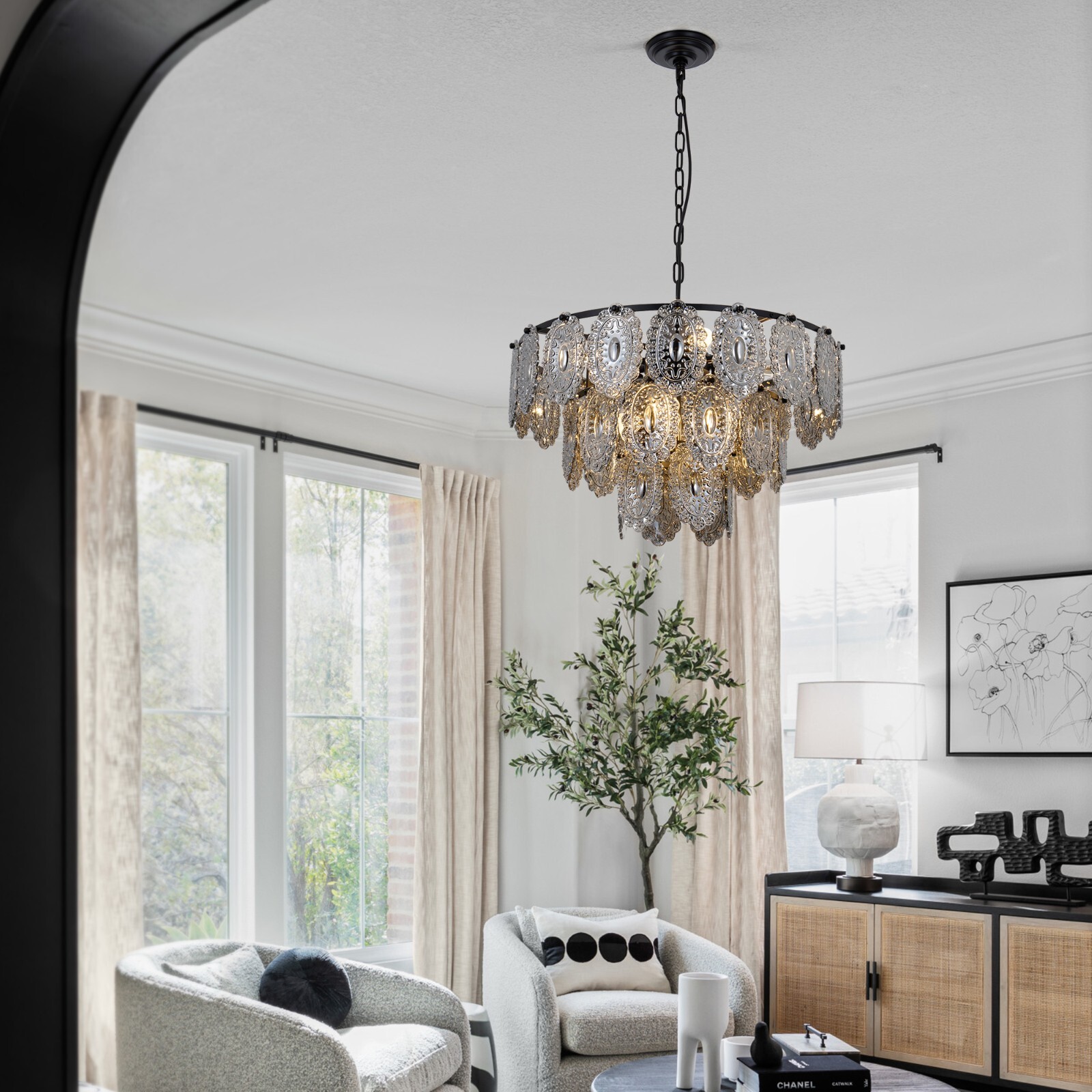 23.6″ Vintage Glass Shield Chandeliers 8-Light 3-Layer Gray Crystal Pendant Lamp