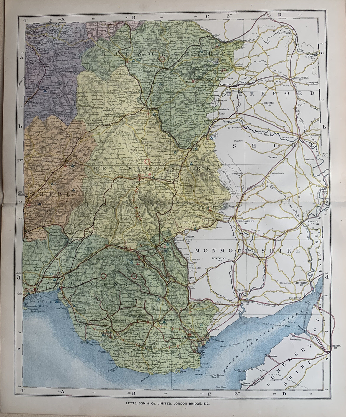 1884 Southeast Wales Original Antique Coloured Map by Letts