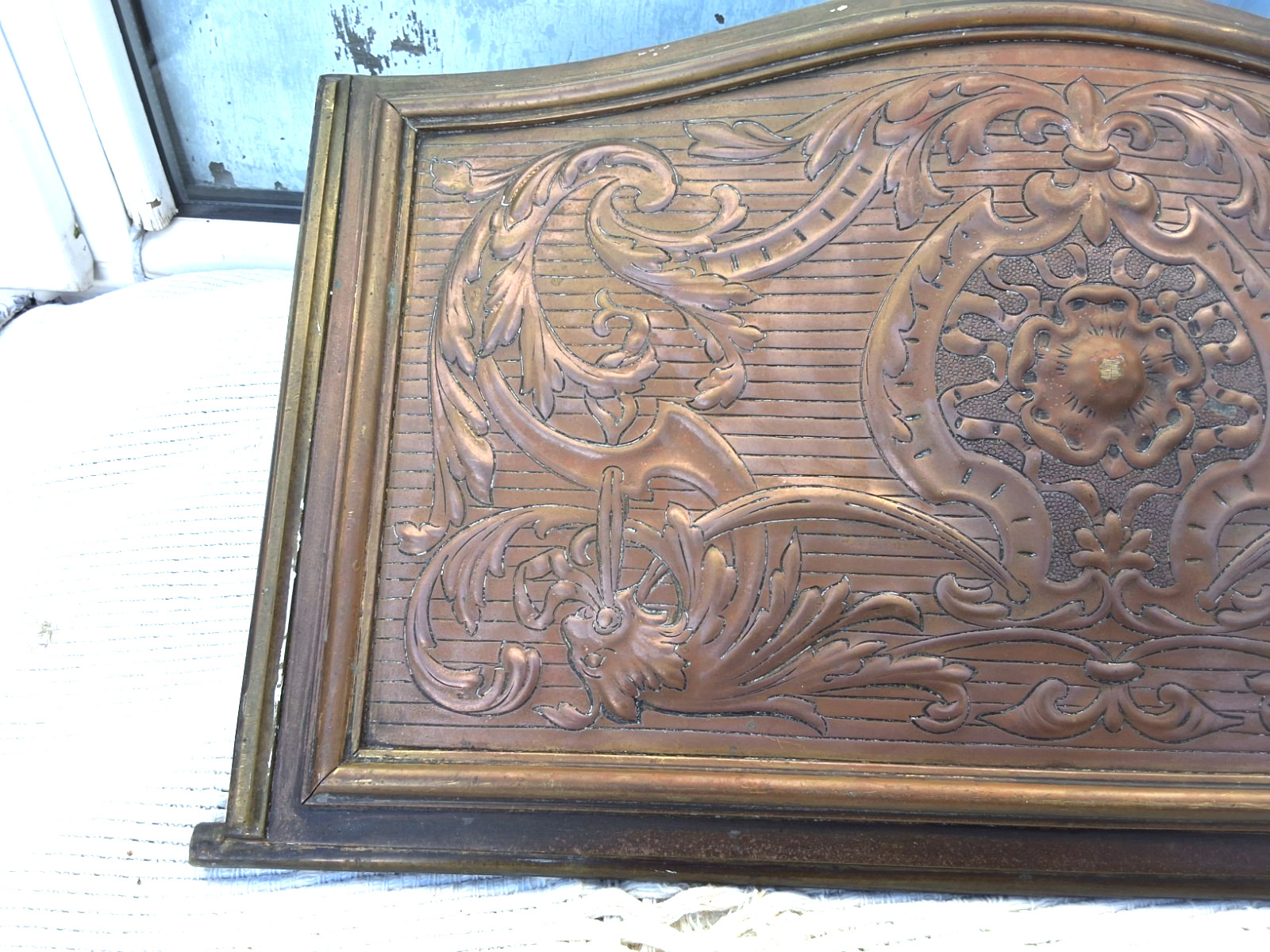 ANTIQUE VICTORIAN COPPER & BRASS & CAST IRON FIREPLACE HOOD CANOPY