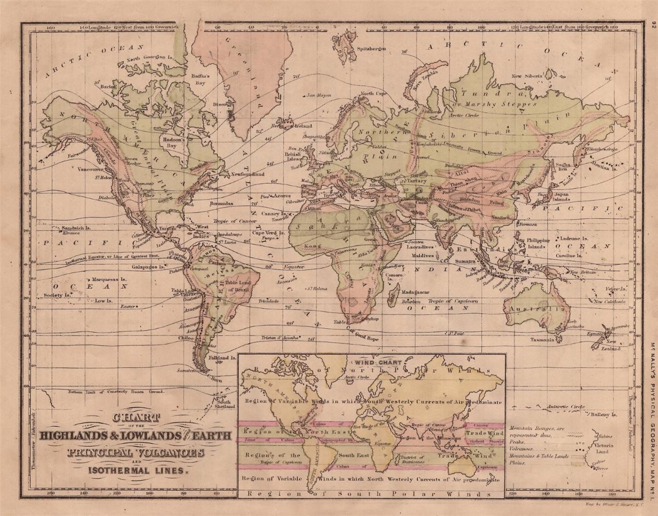 1877 FRANCIS MCNALLY SYSTEM OF GEOGRAPHY ATLAS-MAP OF WORLD HIGHLANDS & LOWLANDS