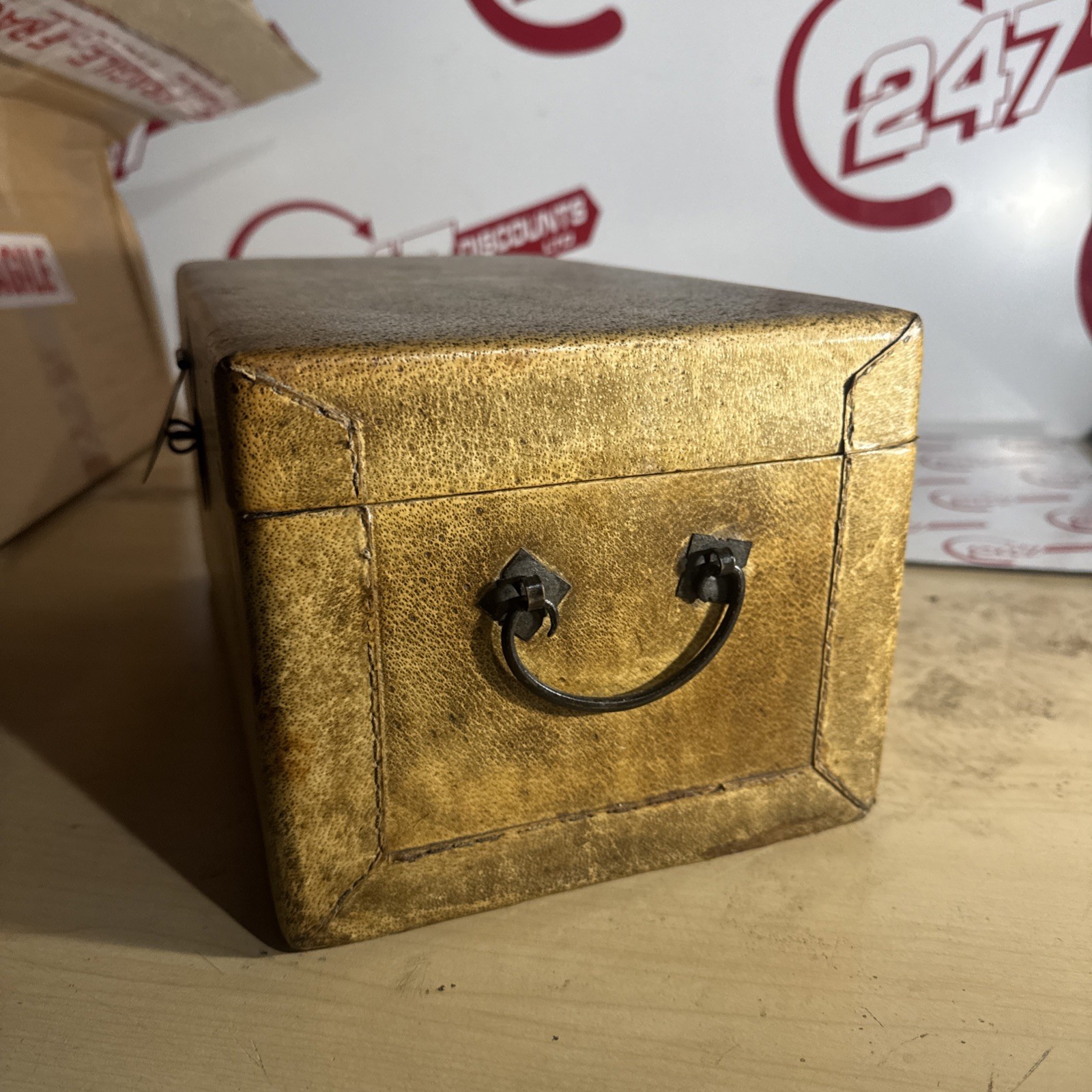 ANTIQUE VELLUM BOX, CHEST, TRUNK, C1880, ORIGINAL