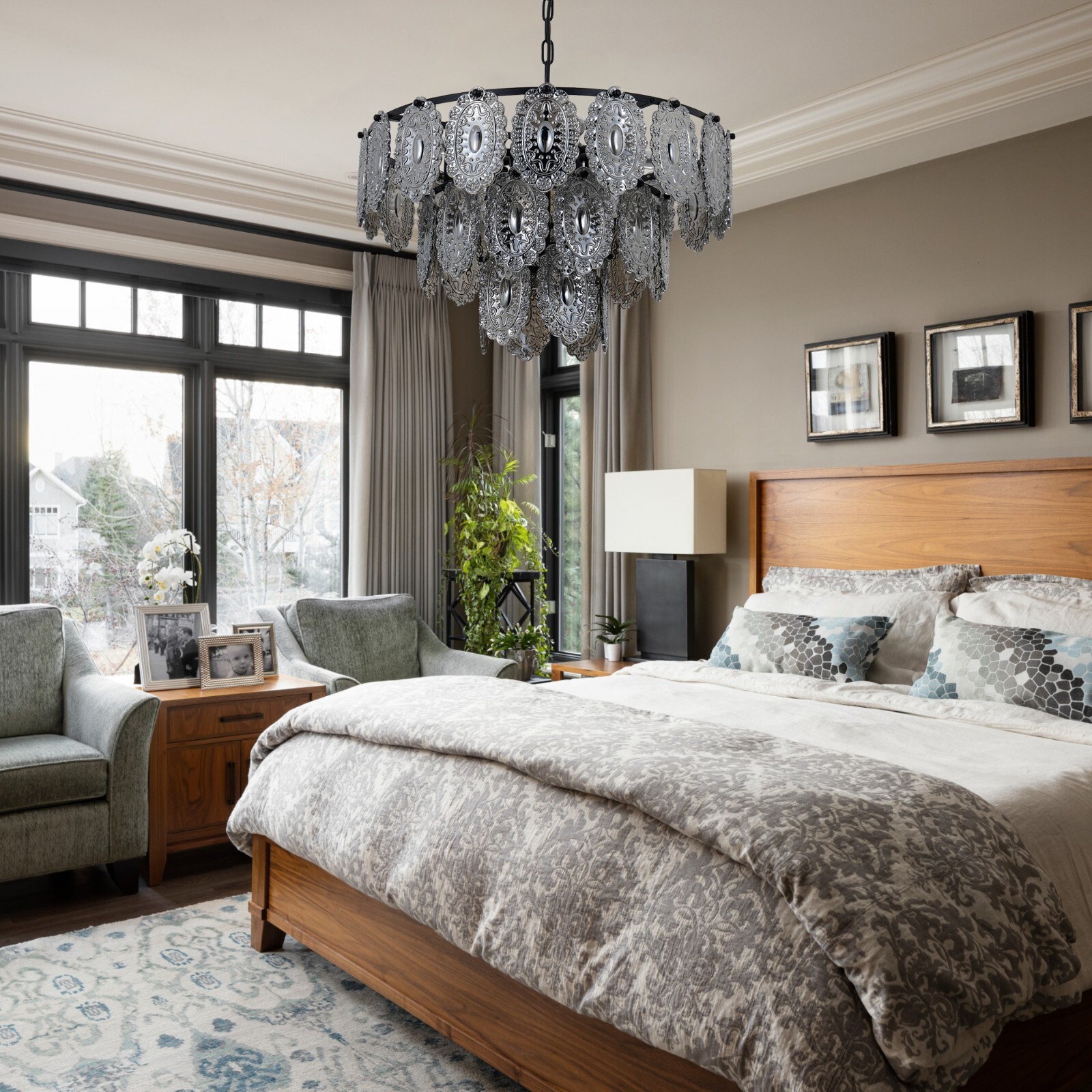 23.6″ Vintage Glass Shield Chandeliers 8-Light 3-Layer Gray Crystal Pendant Lamp