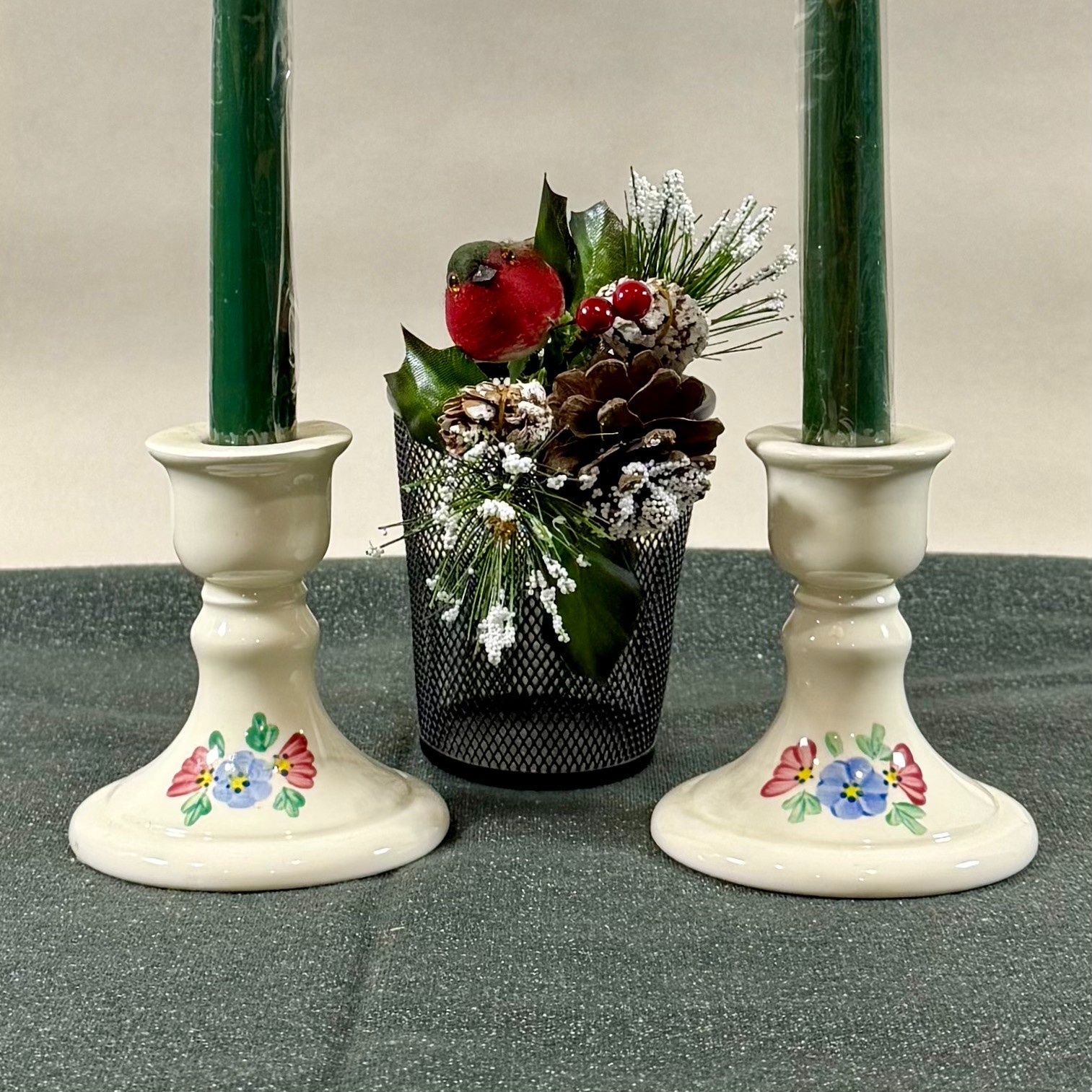 Candlestick Holders – One Pair Vintage Hand-Painted Ceramic – Floral Design, USA