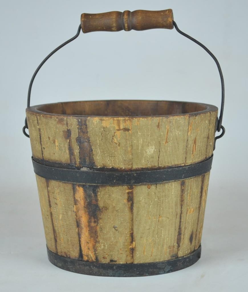 ANTIQUE PRIMITIVE WOODEN BUCKET SWING TURNED HANDLE-ADVERTISING J.W. WIND 5 1/2″