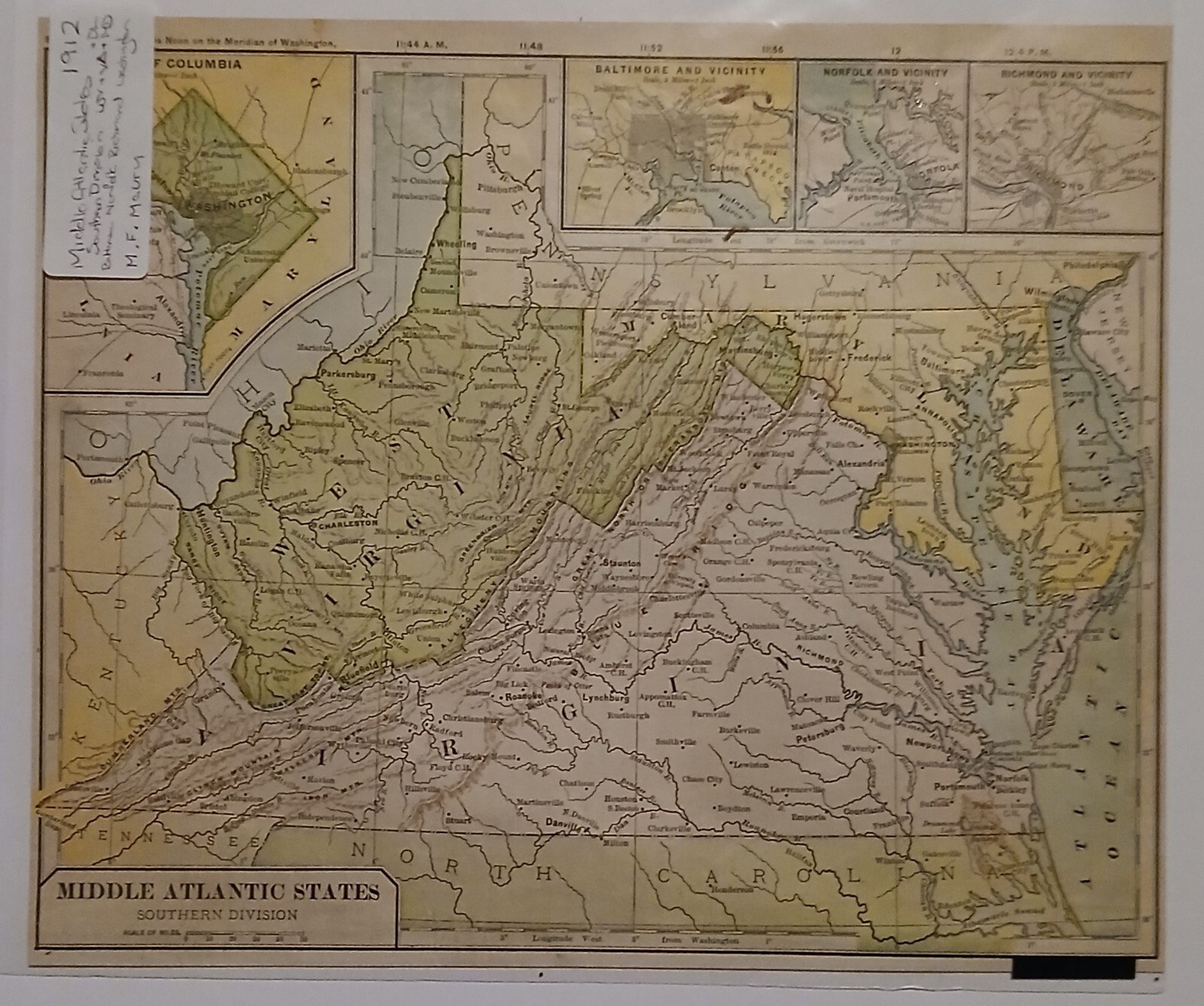 Antique Pre WWI 1912 Map Of Middle Atlantic States Southern Division