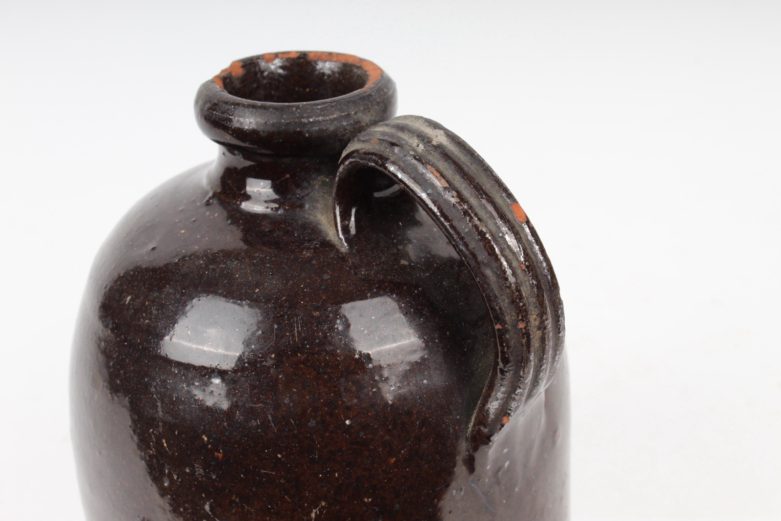 EARLY REDWARE WHISKEY CROCK – PRIMATIVE ANTIQUE GLAZED C. 1840s PENNSYLVANIA