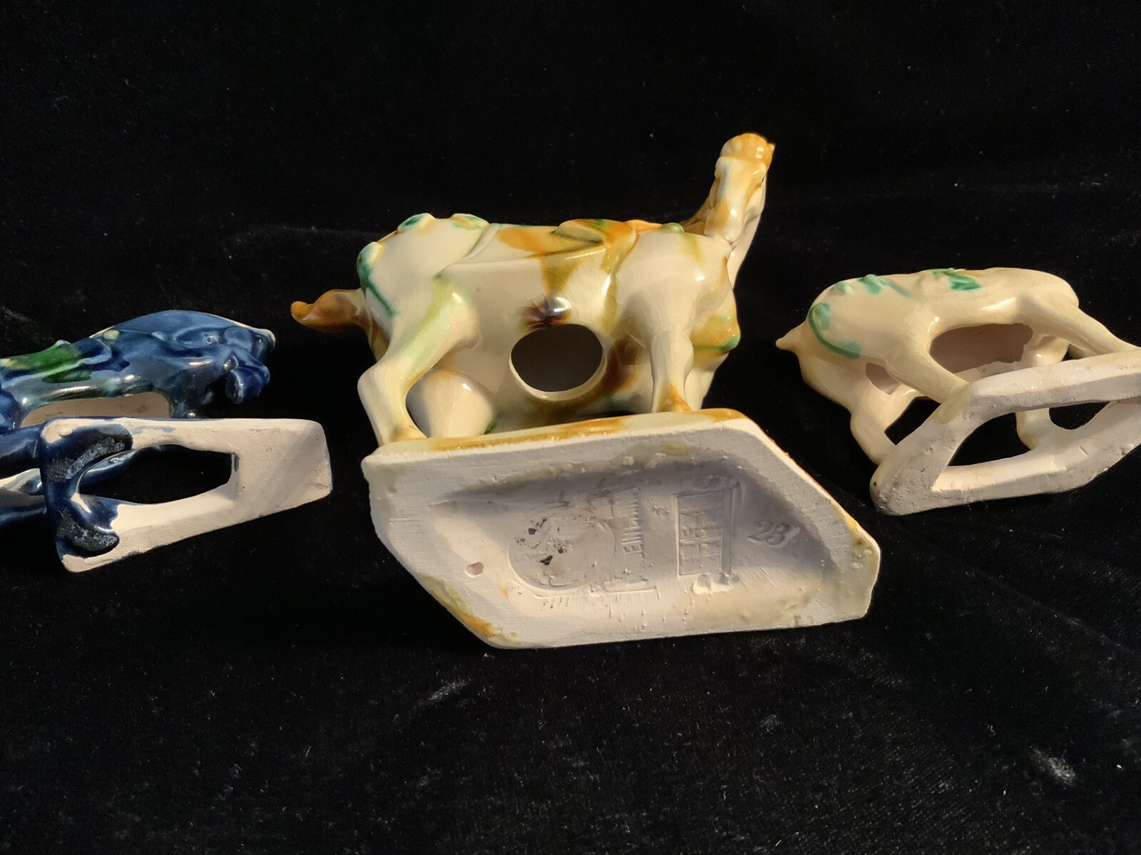 Chinese Tang Dynasty Drip Style Glaze Ceramic Horse Figurines Set of 3 Vintage
