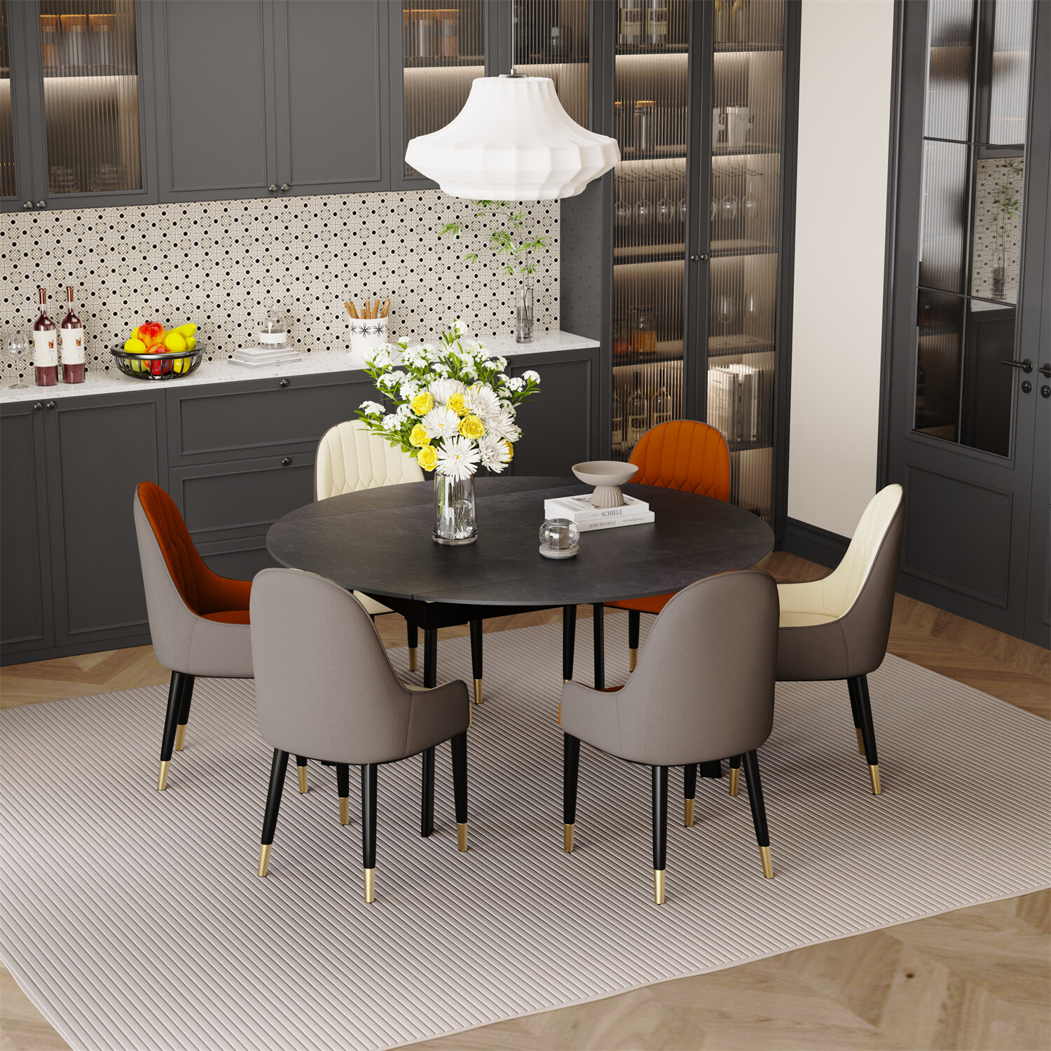 XXL Round Marble Dining Table & Leather Chair Extendable Restaurant Island Table