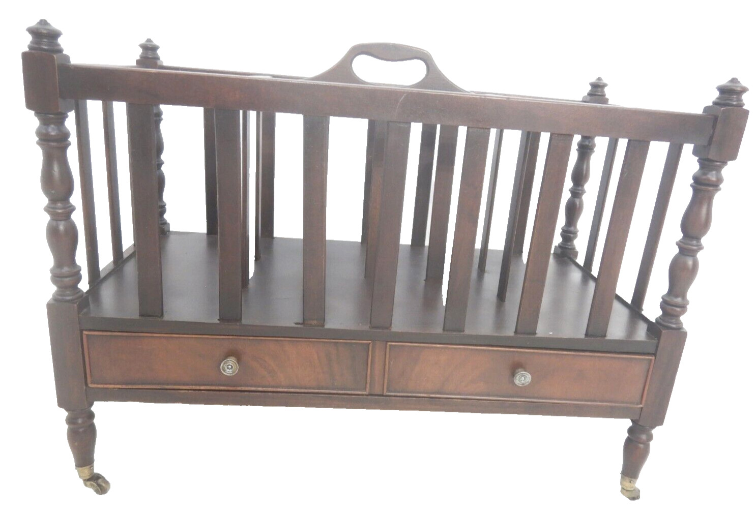 Vintage Mahogany Canterbury Brass Foot Magazine Rack w/ Drawer