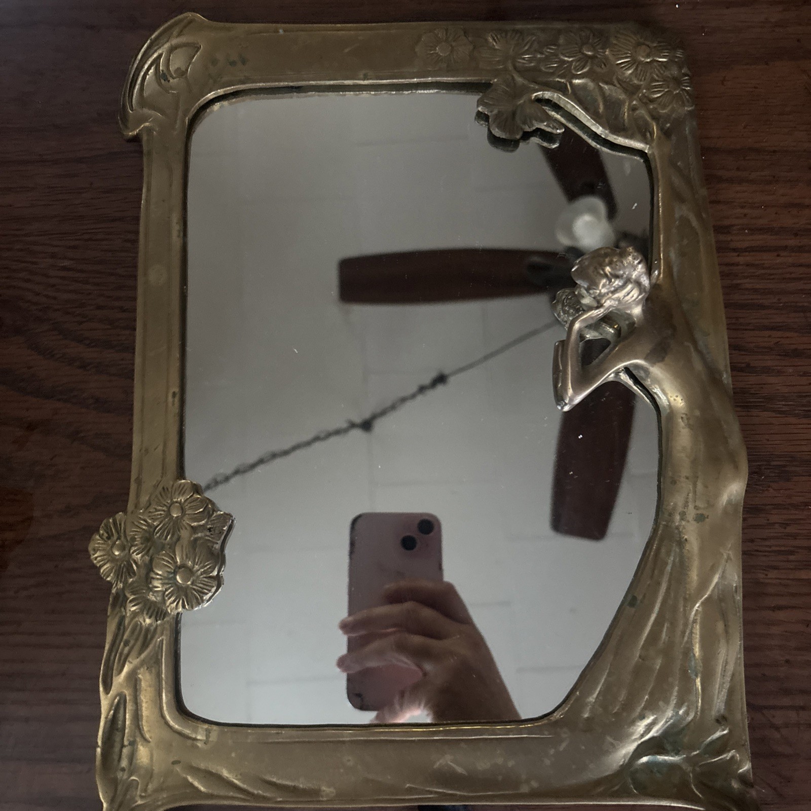 Lady of the Lake Antique Art Nouveau Bronze Free-Standing Table Mirror c. 1910