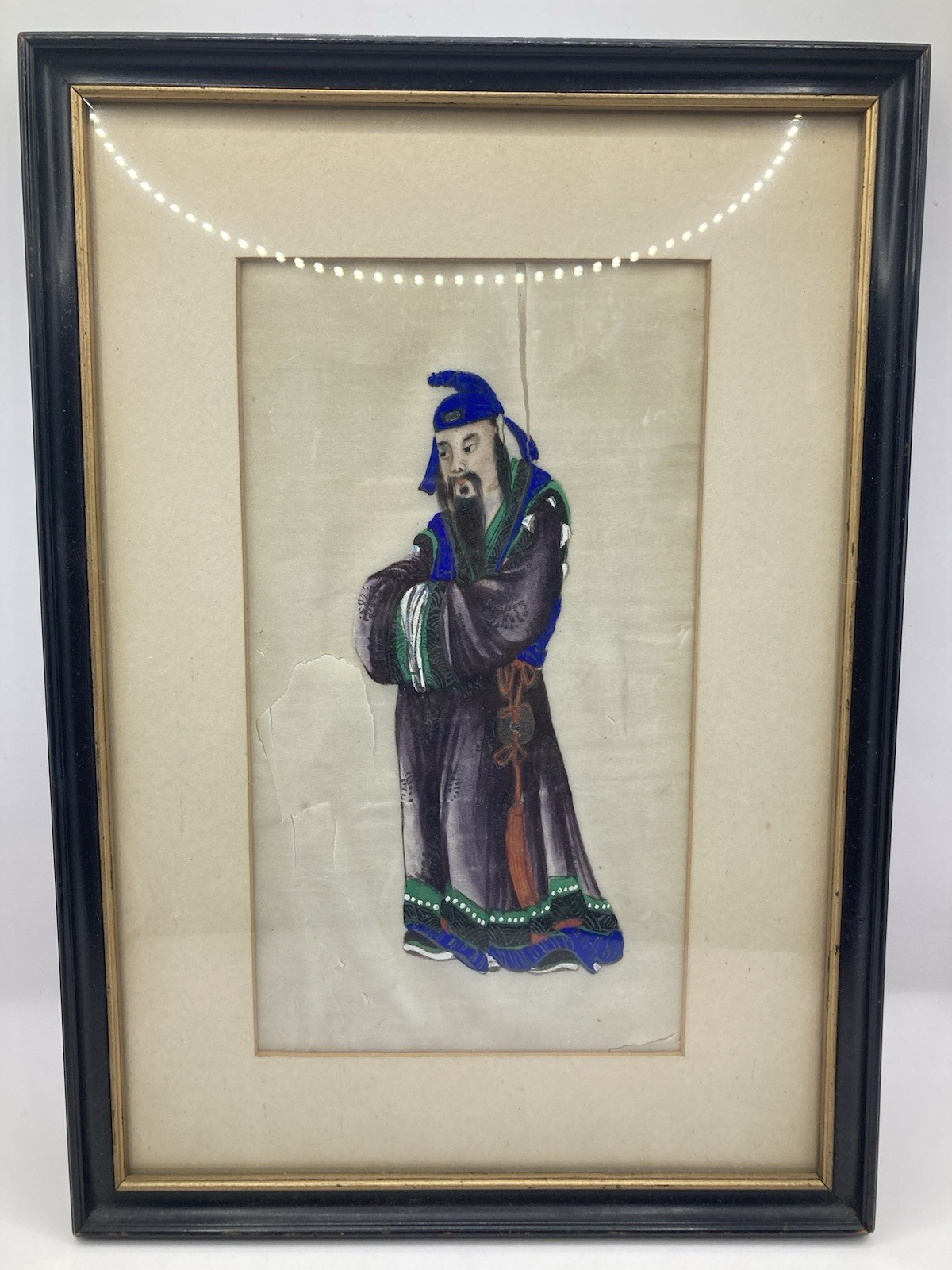 Antique Chinese Confucius (Kong Qiu) Pith Rice Paper Painting 11.75 x 8.25 in.