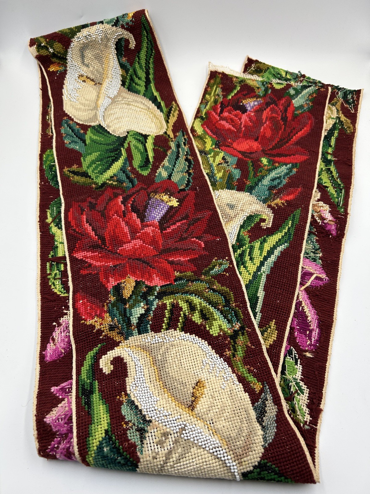 Antique arum lily & flower wool Tapestry with beading Trim Panel 233 x 8 cm