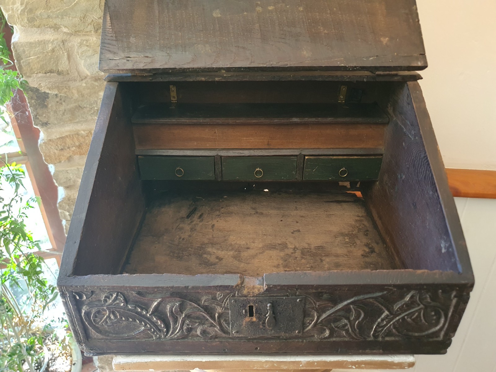Antique 17th century & later carved oak bible box slope lock & key 3 drawers