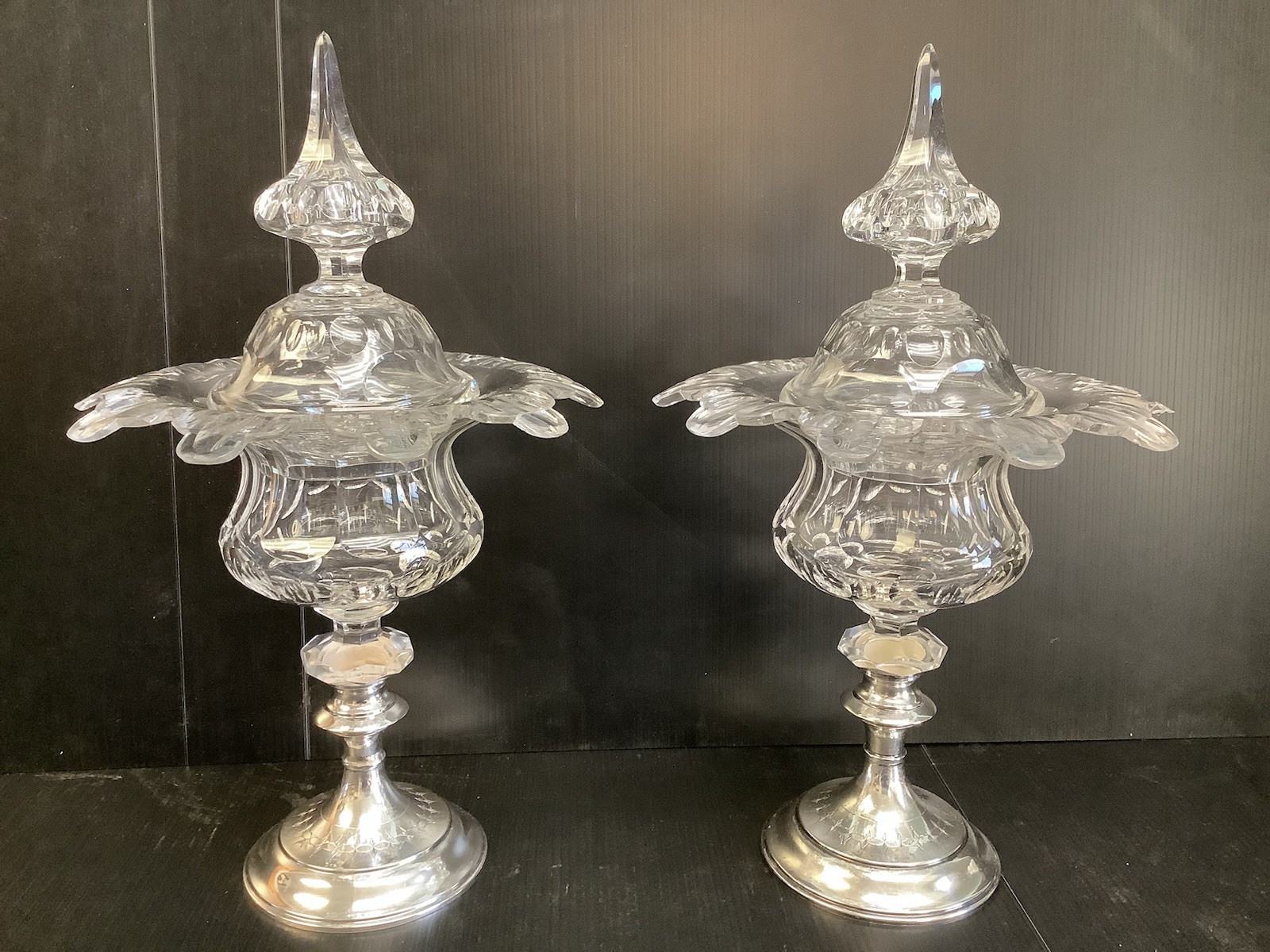 Antique Cut Crystal and Silver Covered Comports 13 1/2”H