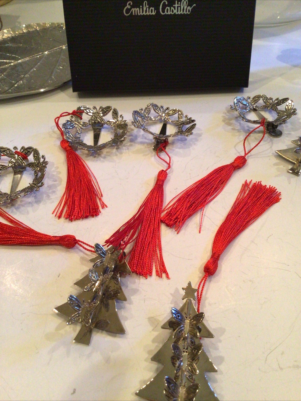 8 EMILIA CASTILLO CHRISTMAS TREE & WREATHS ORNAMENTS W/ TASSELS CLIP ON BROOCH
