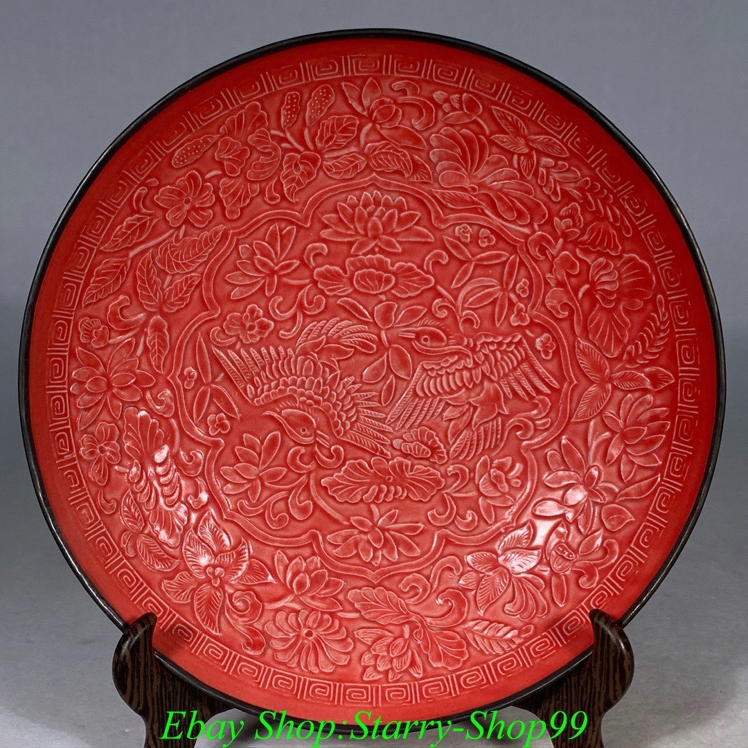 8″Song Dynasty Ding Kiln Red Glaze Porcelain phoenix Bird Flower Plate Dish Tray