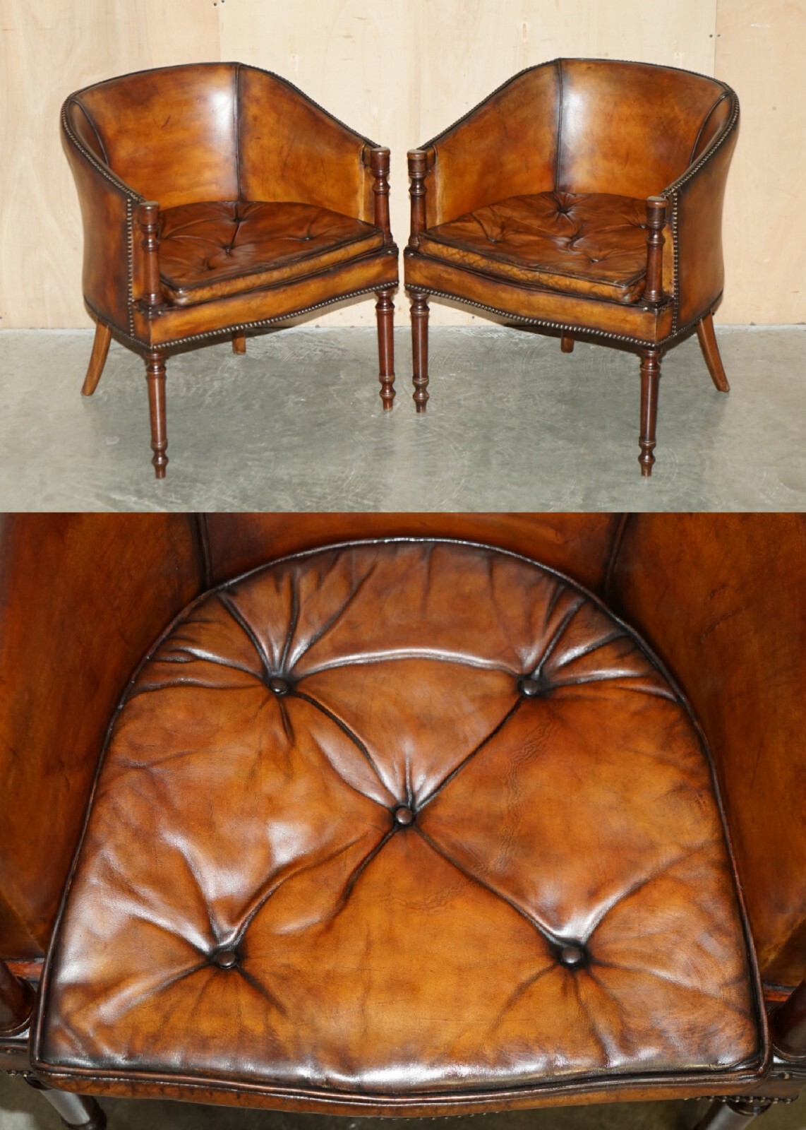 PAIR OF HAND DYED BROWN LEATHER THOMAS CHIPPENDALE CHESTERFIELD TUB ARMCHAIRS