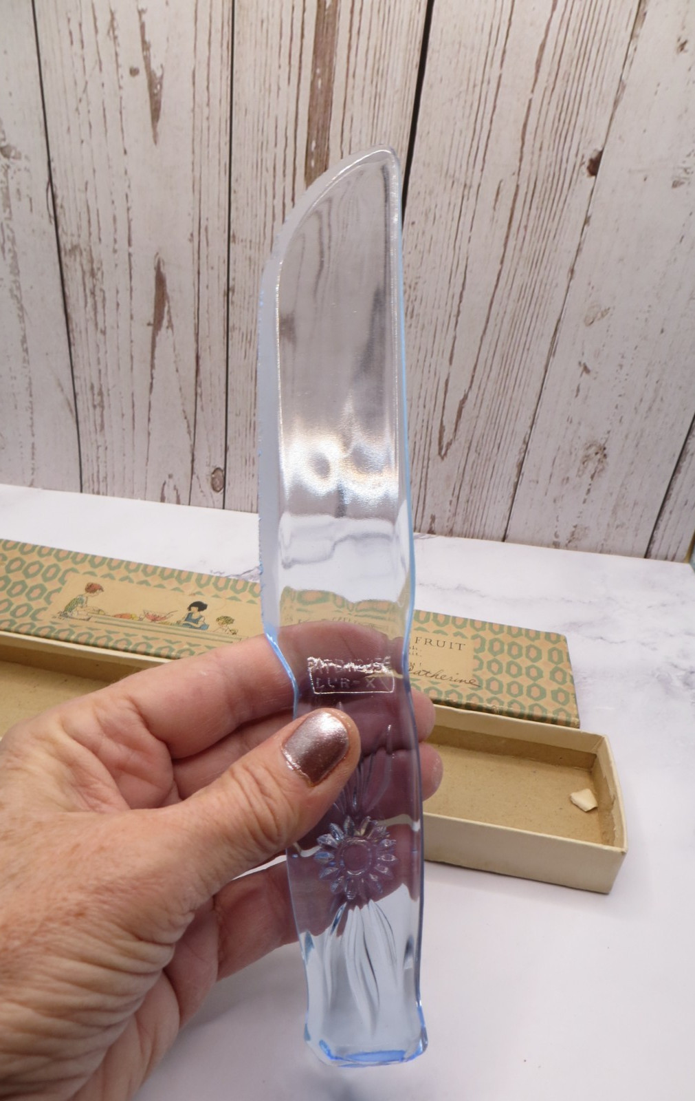 Antique Dur-X Light Blue Depression Glass Floral Flower Style Fruit Knife In Box